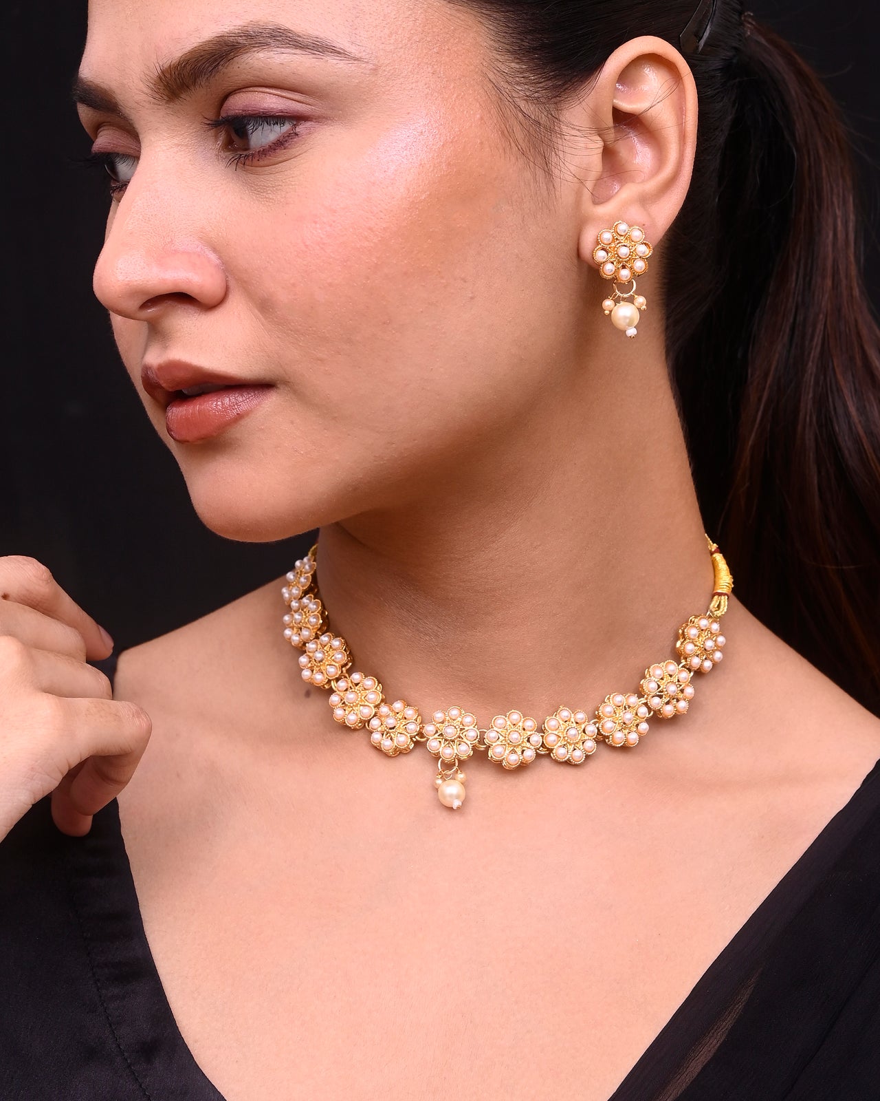 VOJ Gold Plated Pearl Studded Floral Necklace And Earrings