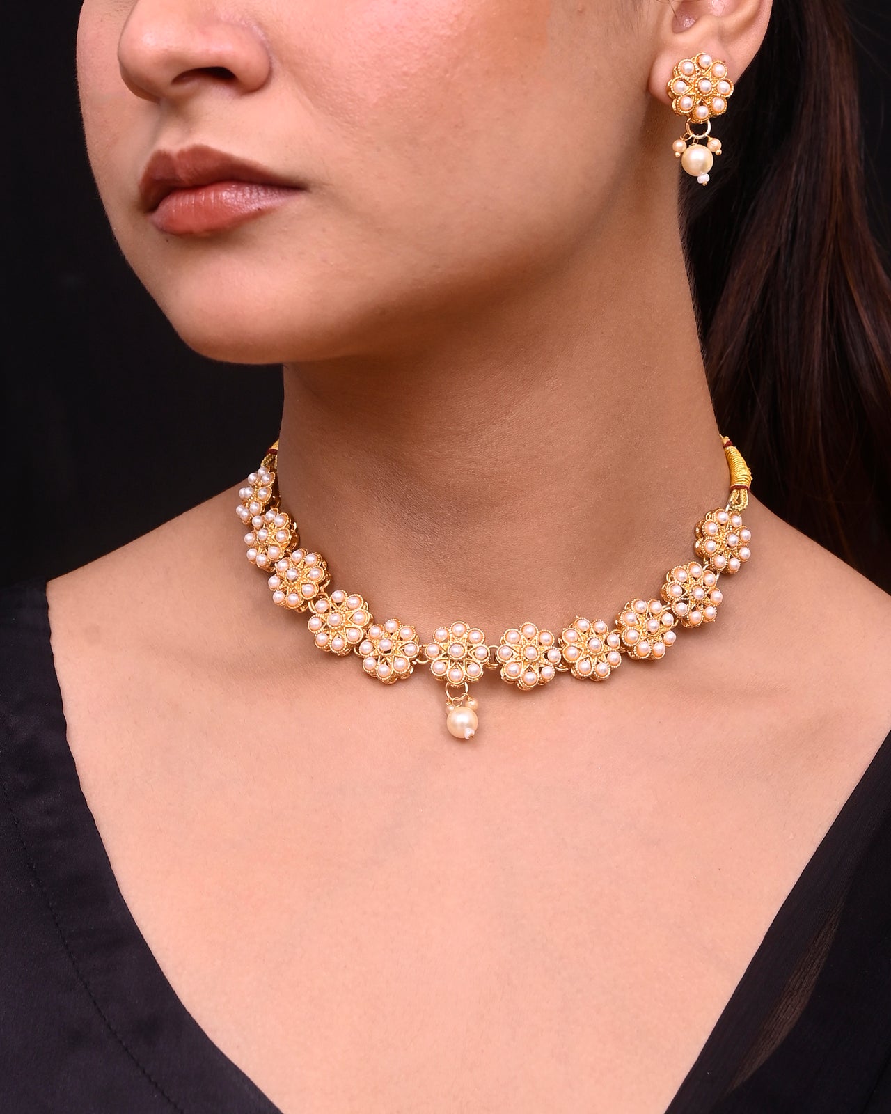 VOJ Gold Plated Pearl Studded Floral Necklace And Earrings