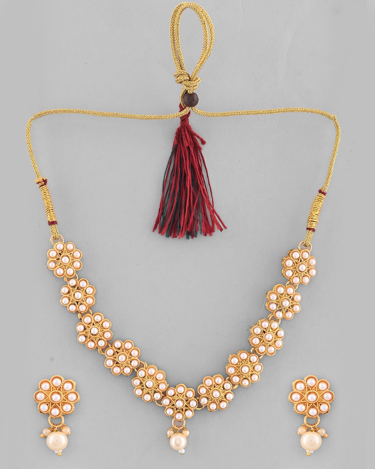 VOJ Gold Plated Pearl Studded Floral Necklace And Earrings