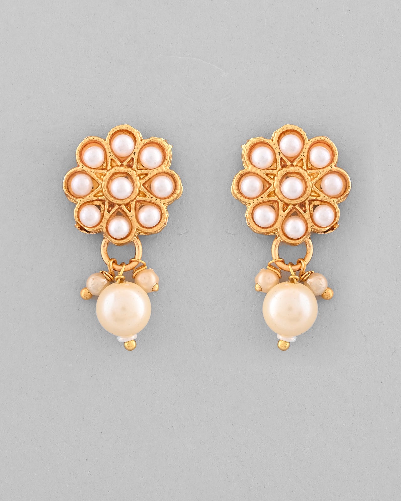 VOJ Gold Plated Pearl Studded Floral Necklace And Earrings