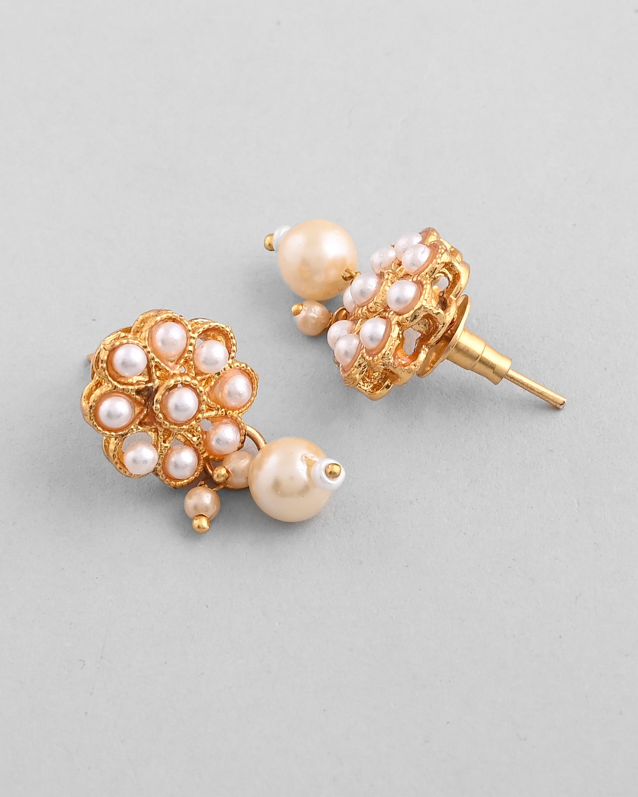 VOJ Gold Plated Pearl Studded Floral Necklace And Earrings