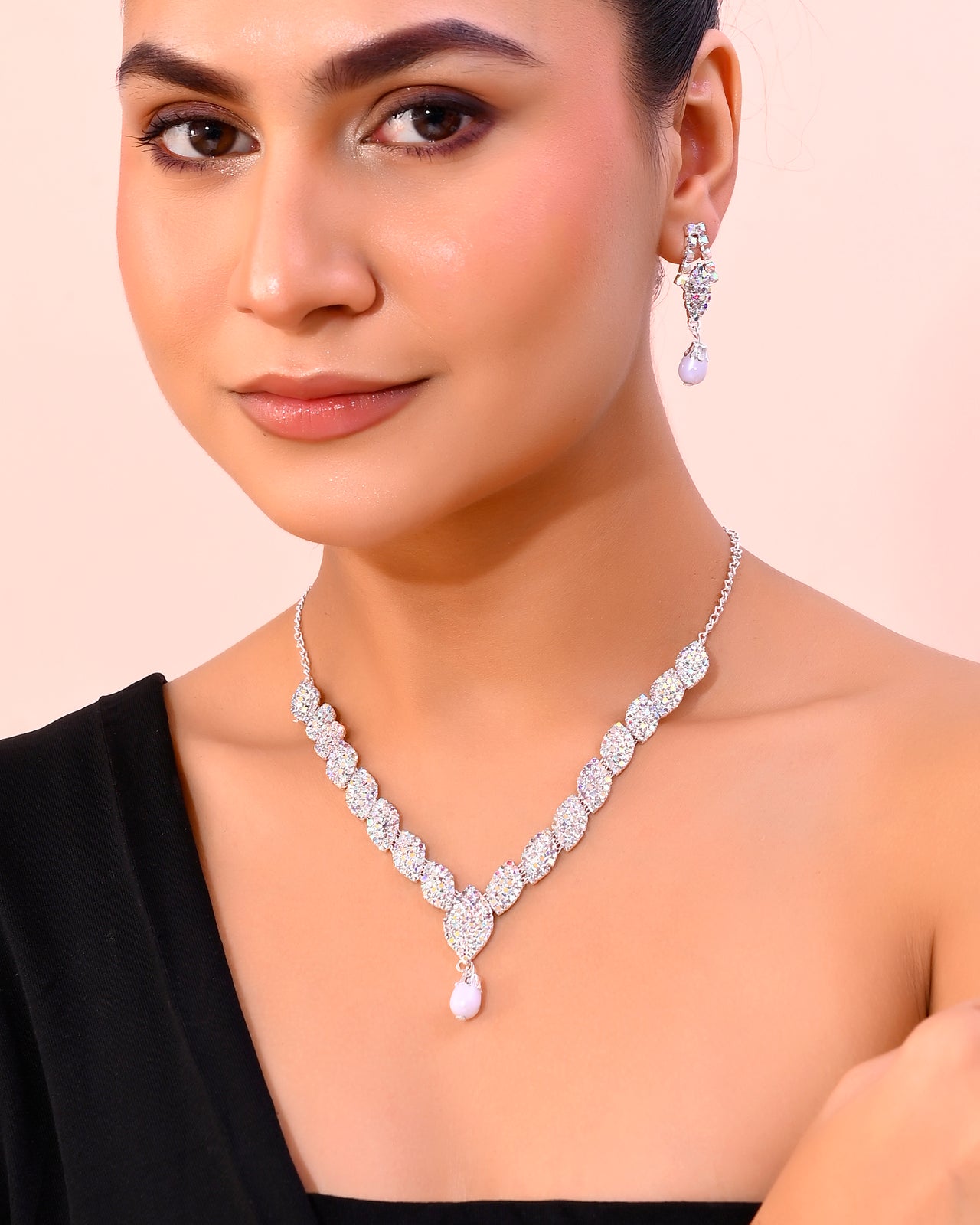 VOJ Silver Plated CZ-Stone Studded With Pearl Jewellery Set