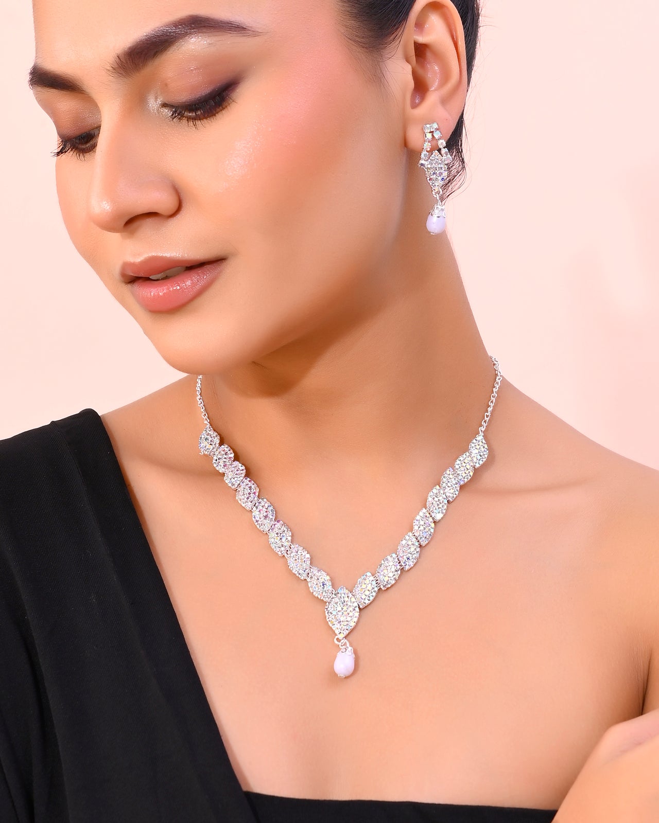 VOJ Silver Plated CZ-Stone Studded With Pearl Jewellery Set