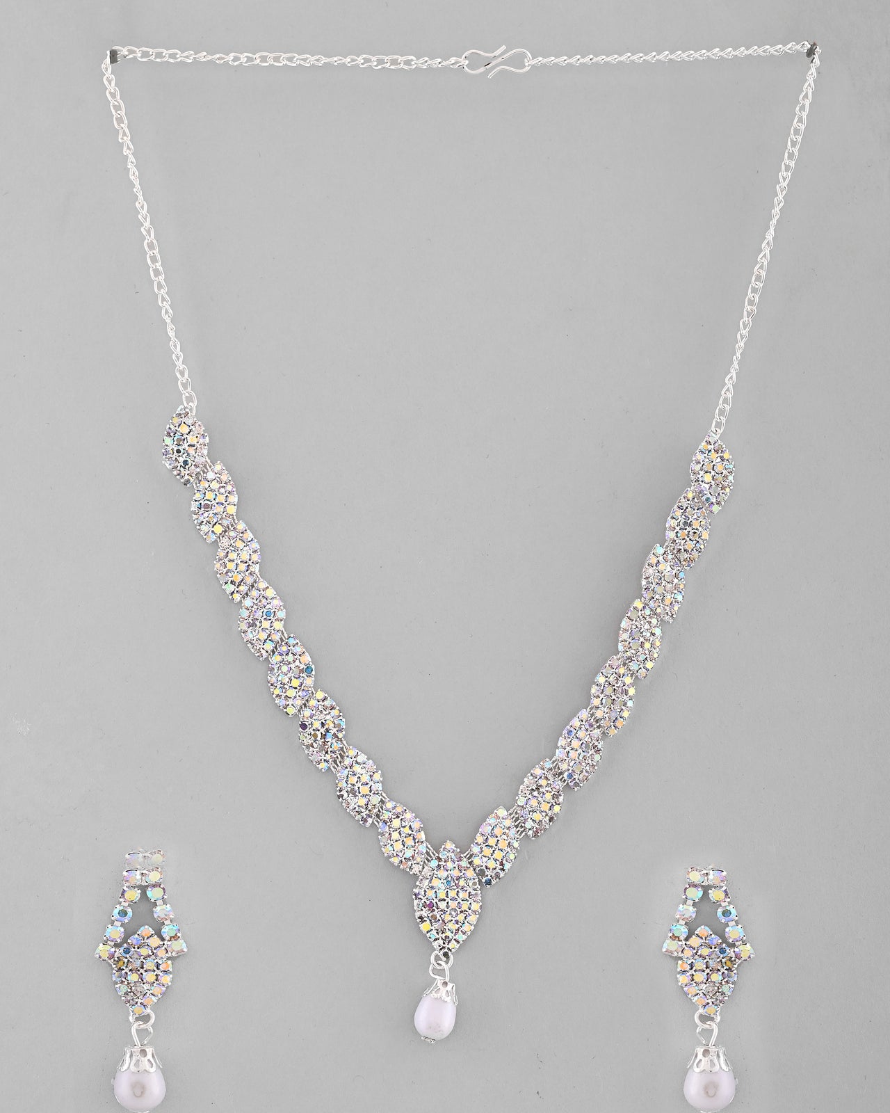 VOJ Silver Plated CZ-Stone Studded With Pearl Jewellery Set