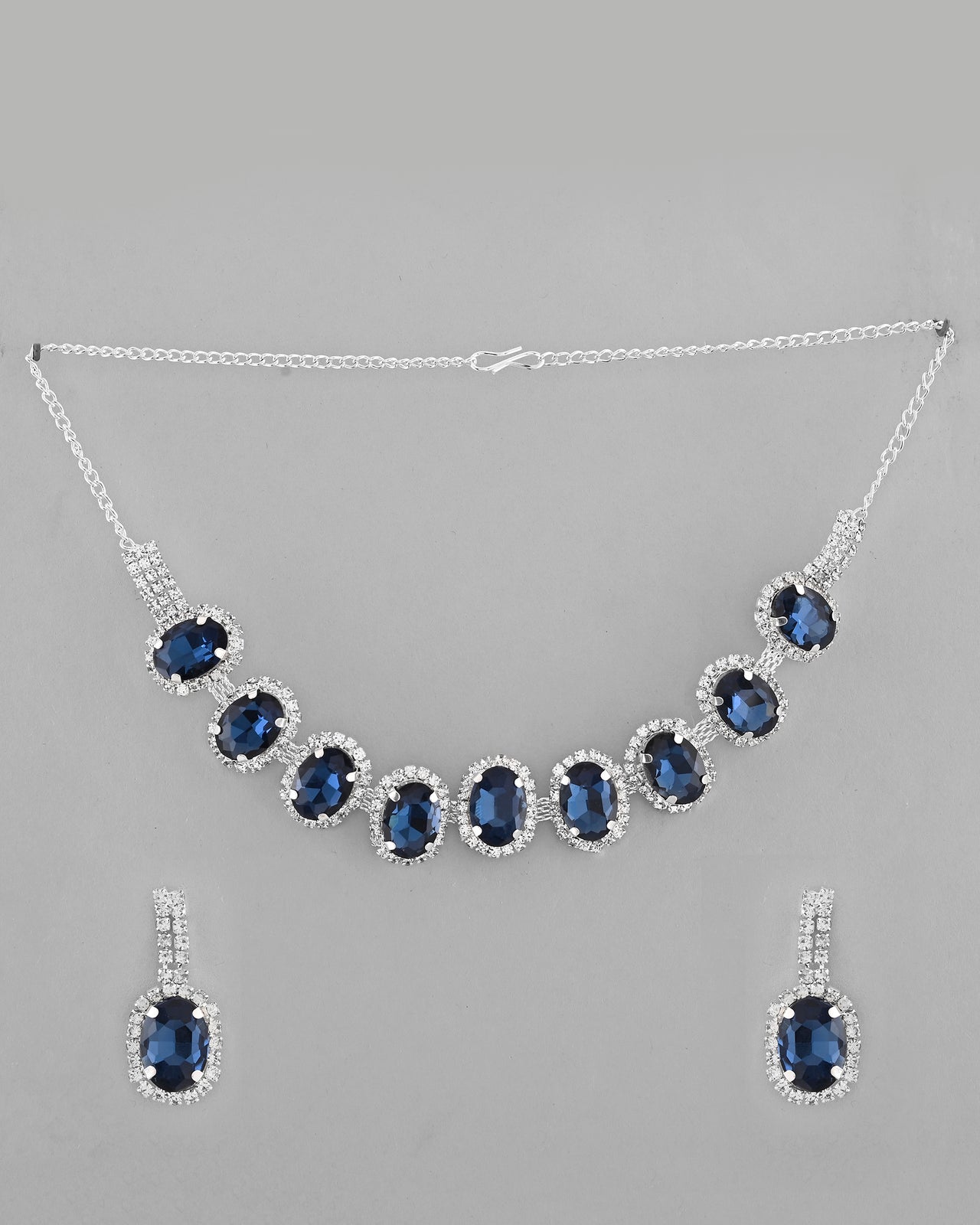 VOJ Silver Plated AD-Stone Studded With Dark Blue Stone Choker Set