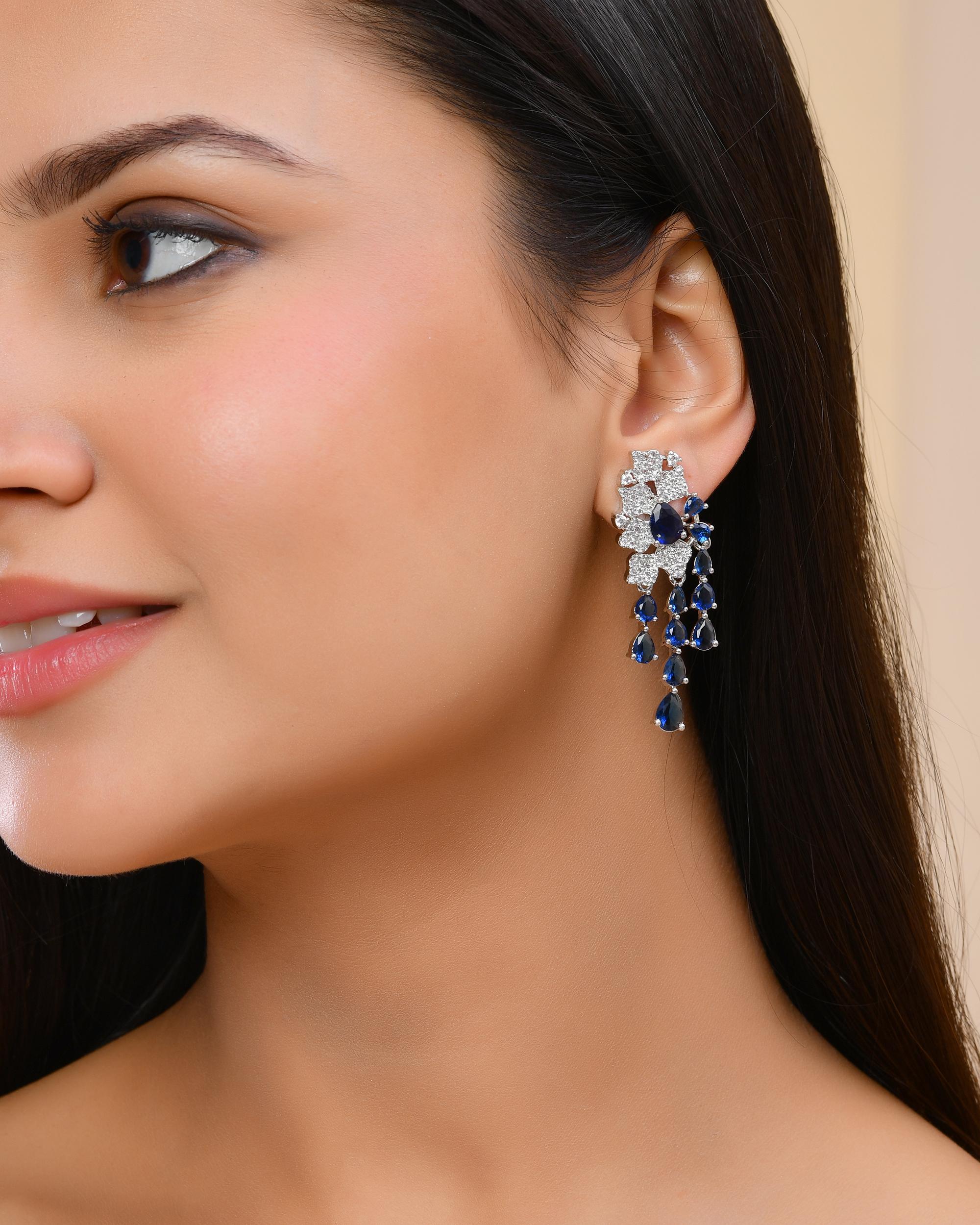 VOJ Silver Plated Ad And Blue Stone Studded Multi Layer Drop Earrings - Distacart