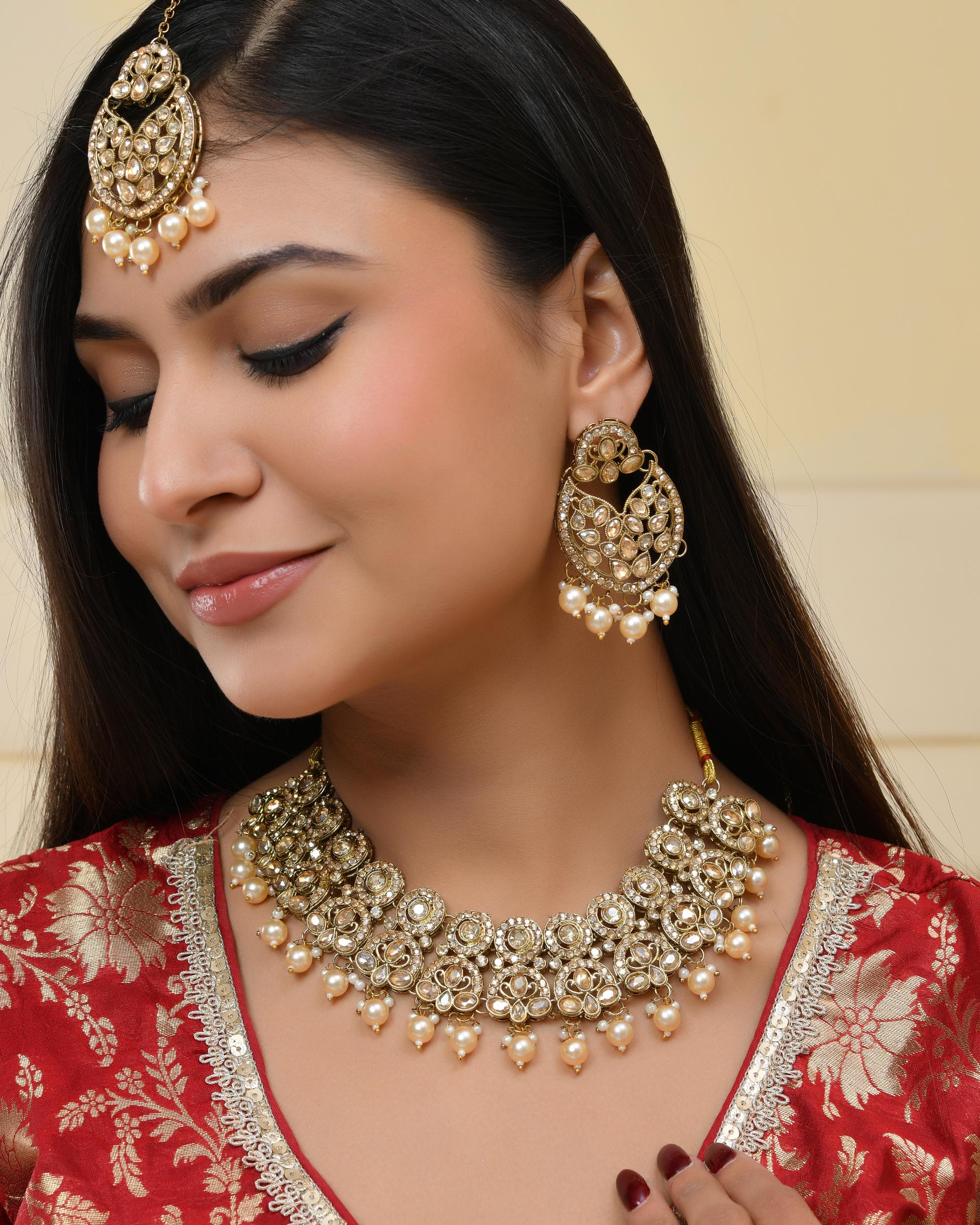 VOJ Gold-Polished Stone Studded Designer Choker With Earrings And Maang Tikka Set - Distacart