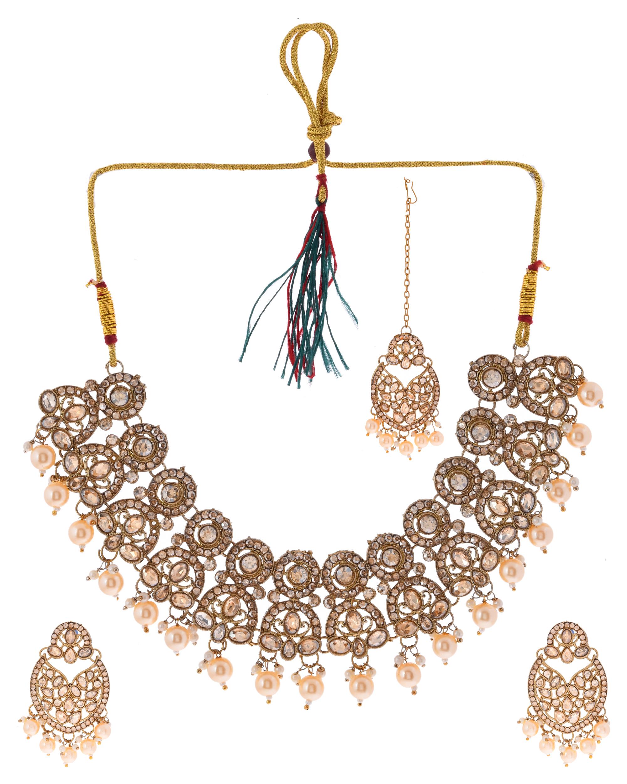 VOJ Gold-Polished Stone Studded Designer Choker With Earrings And Maang Tikka Set - Distacart
