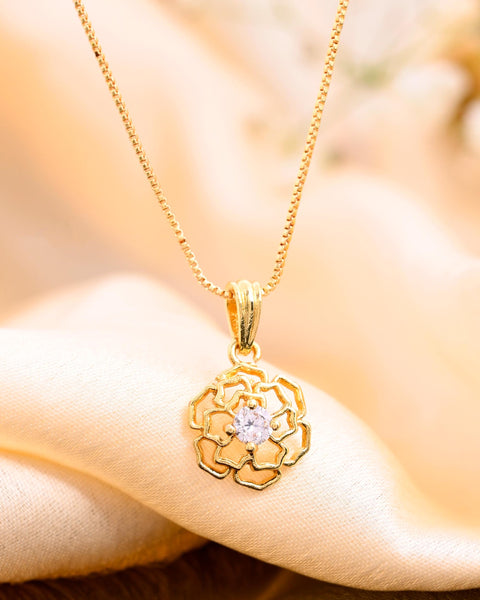 VOJ Gold-Polished Flower Shaped Ad Studded Pendant With Chain - Distacart