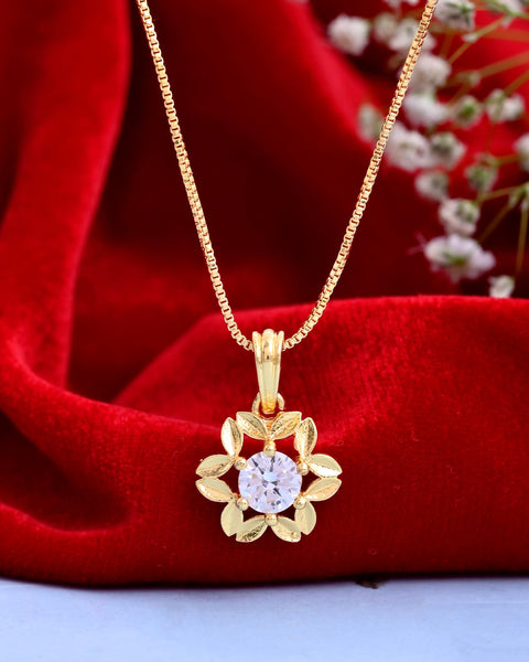 VOJ Gold-Polished Flower Shaped Ad Studded Pendant With Chain - Distacart