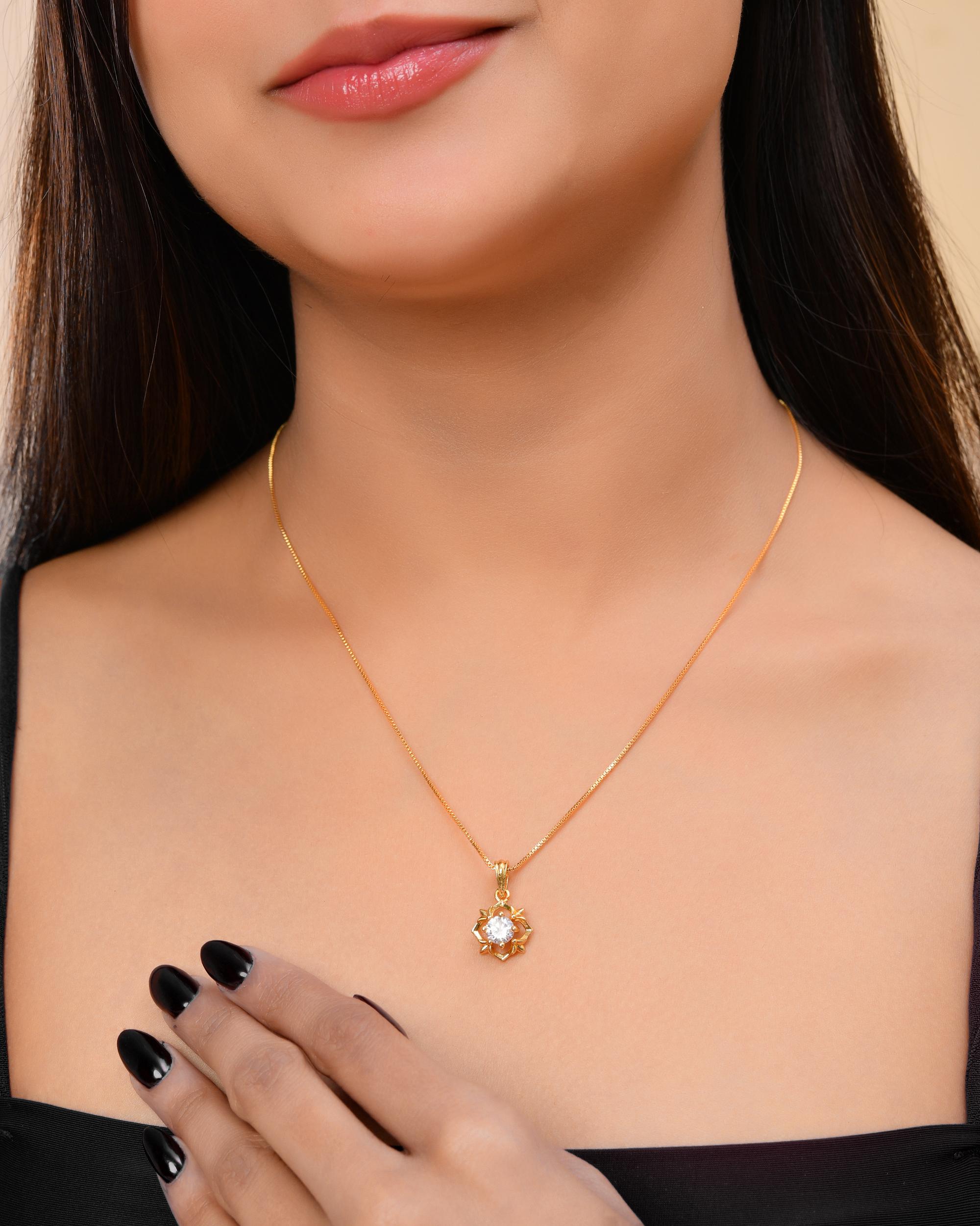 VOJ Gold-Polished Flower Shaped Ad Studded Pendant With Chain - Distacart