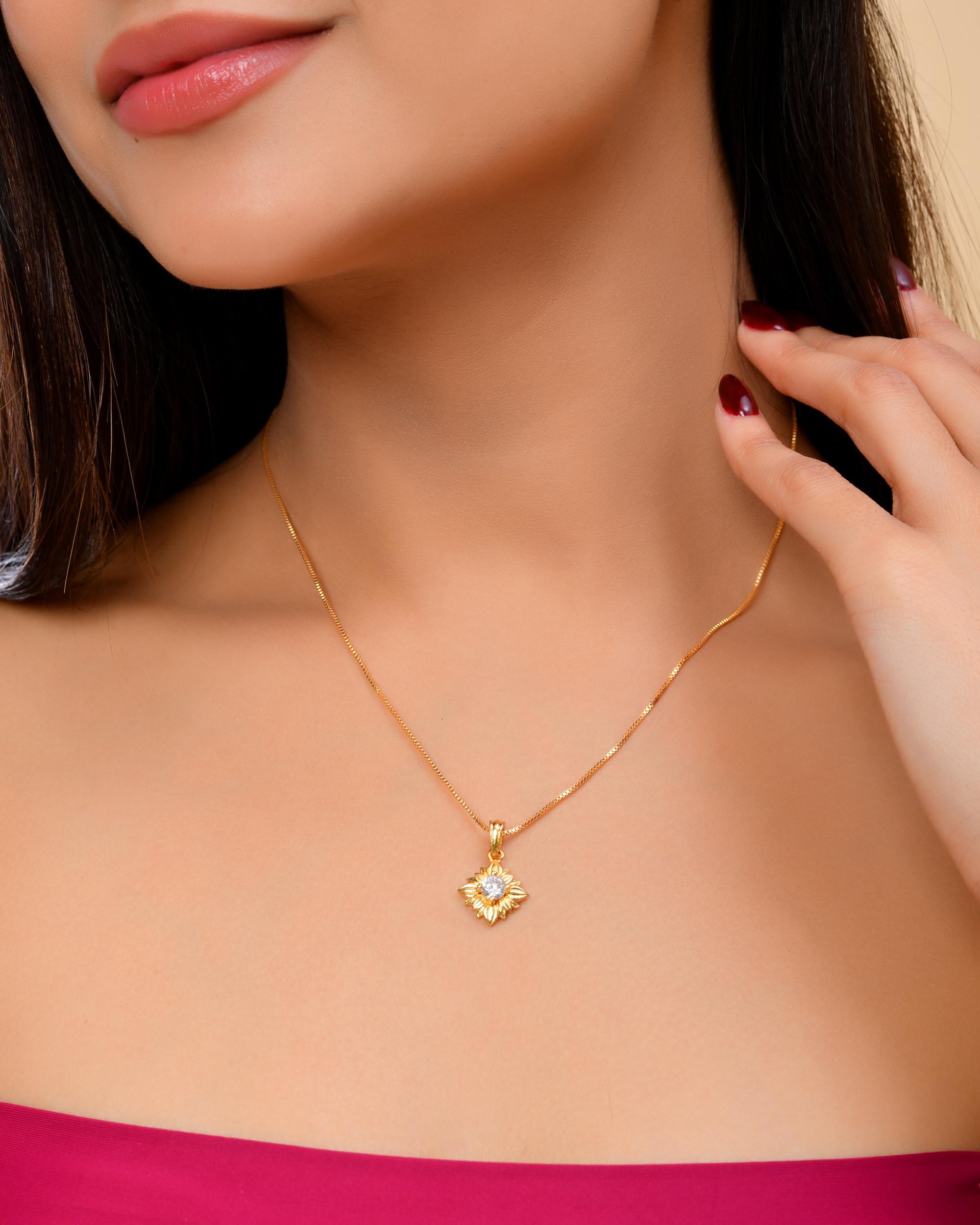 VOJ Gold-Polished Flower Shaped Ad Studded Pendant With Chain - Distacart