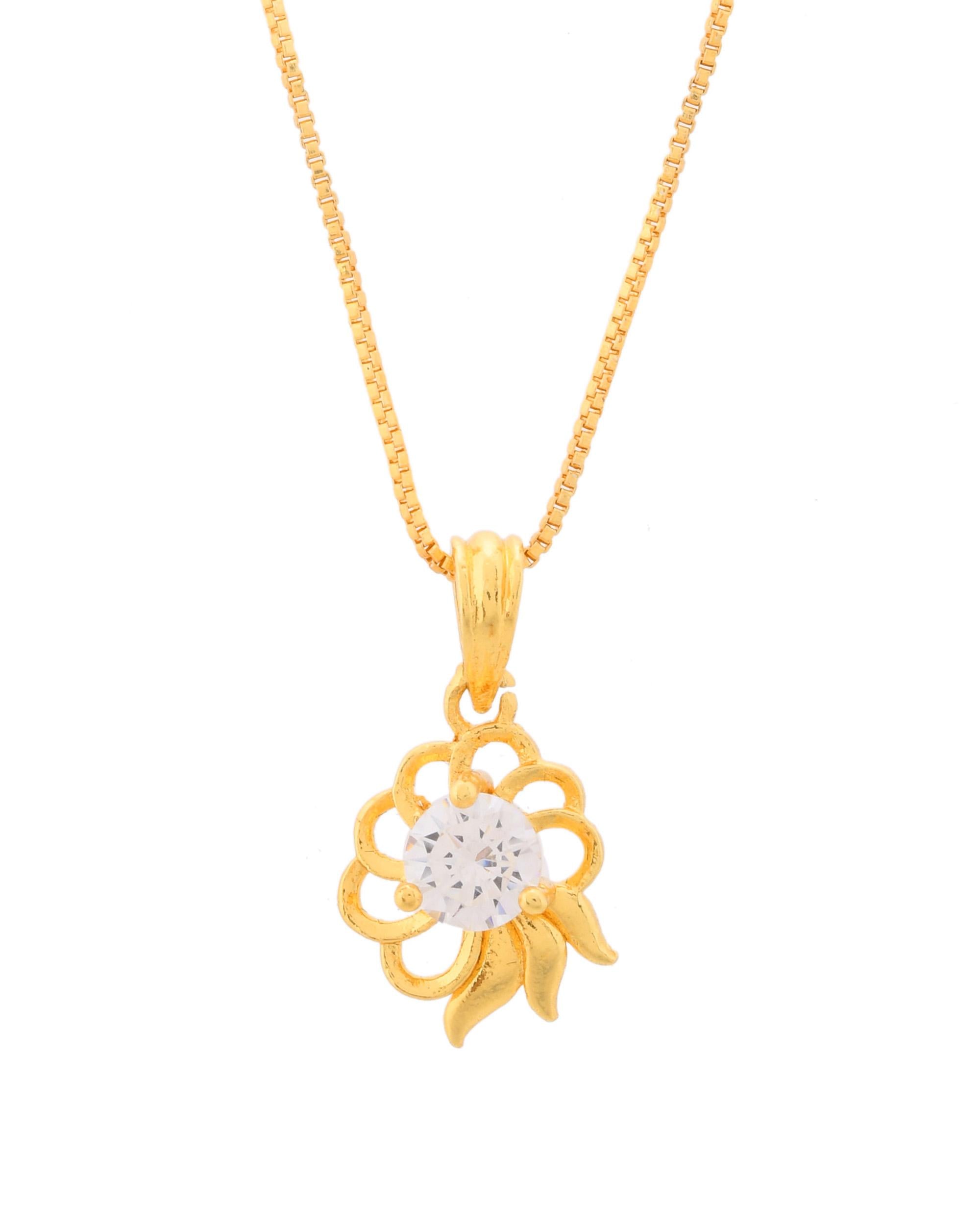 VOJ Gold-Polished Flower Shaped Ad Studded Pendant With Chain - Distacart