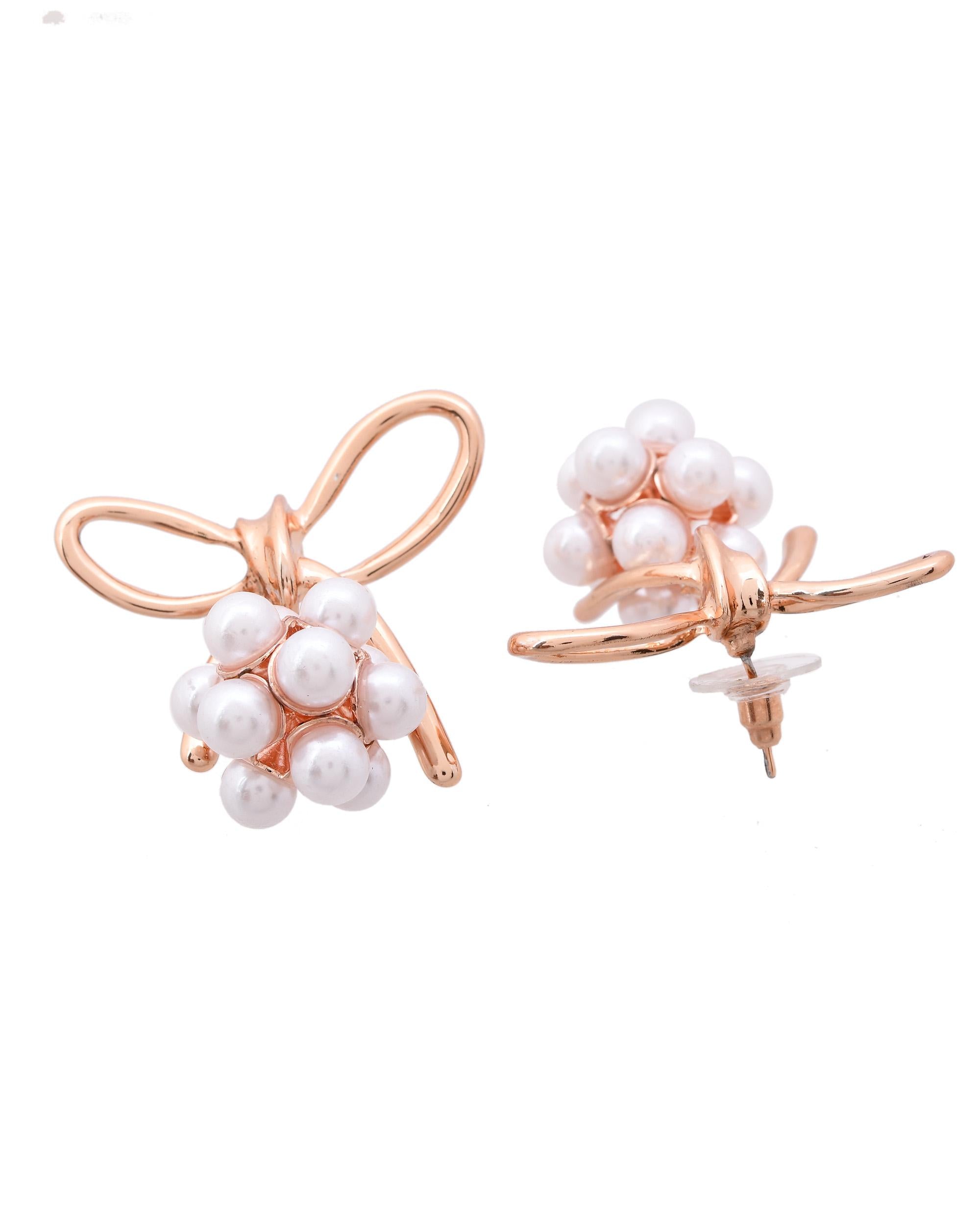 VOJ Rose Gold-Polished Pearl With Bow Shaped Designer Earrings - Distacart