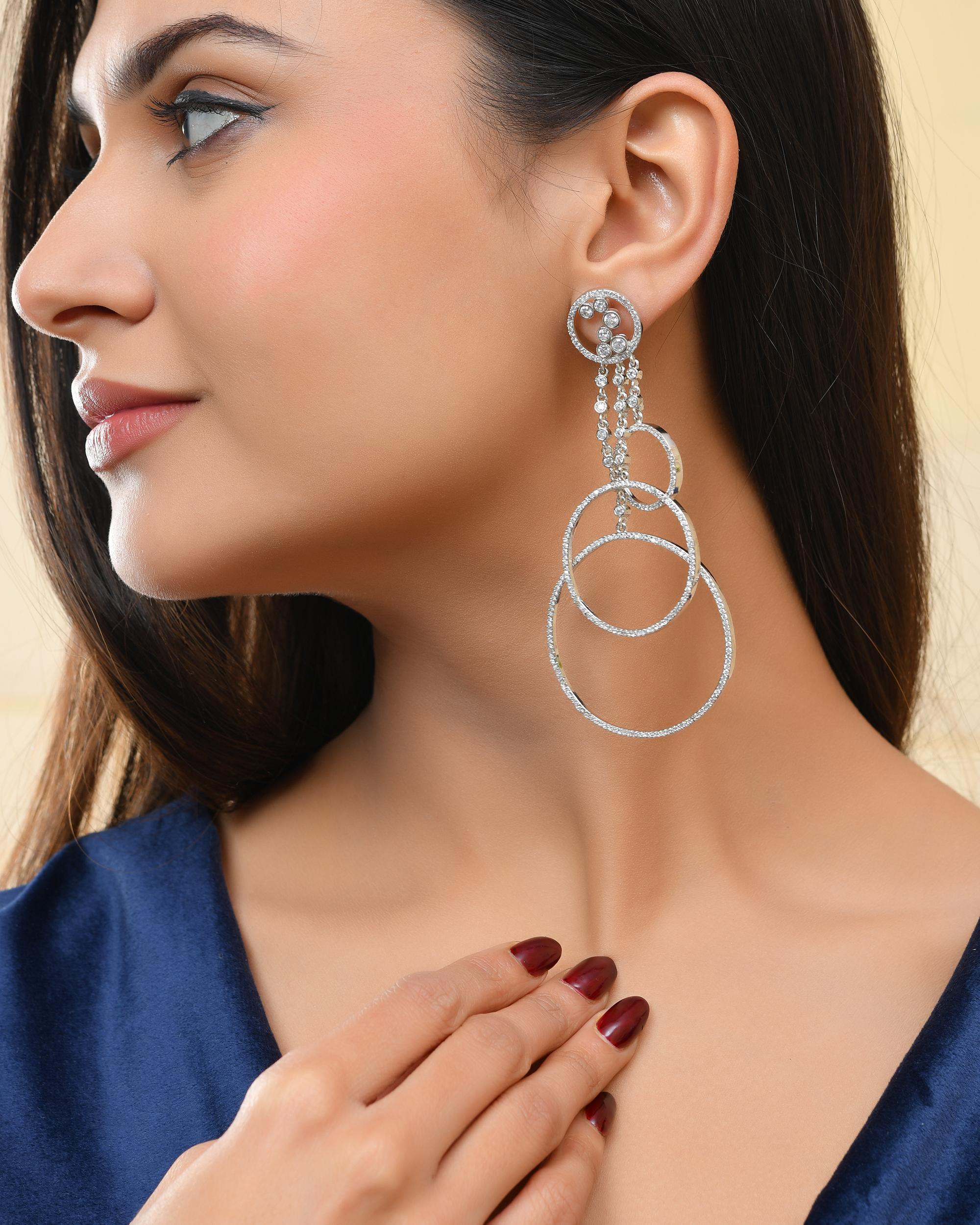 VOJ Silver Plated Ad Stone Studded Crescent Shaped Long Drop Earrings - Distacart