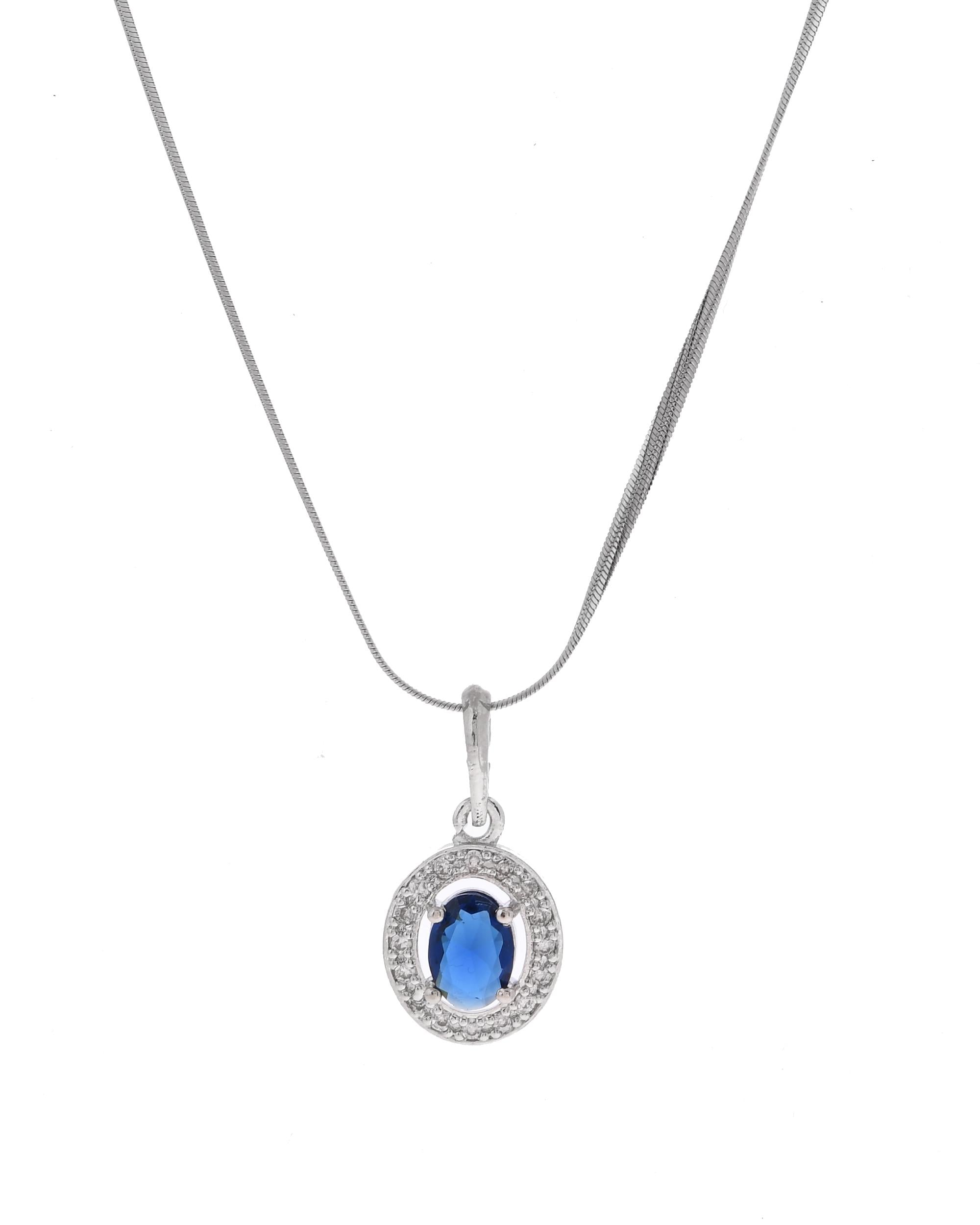 VOJ Silver Plated Blue Ad-Studded Pendant With Chain And Earrings Set - Distacart