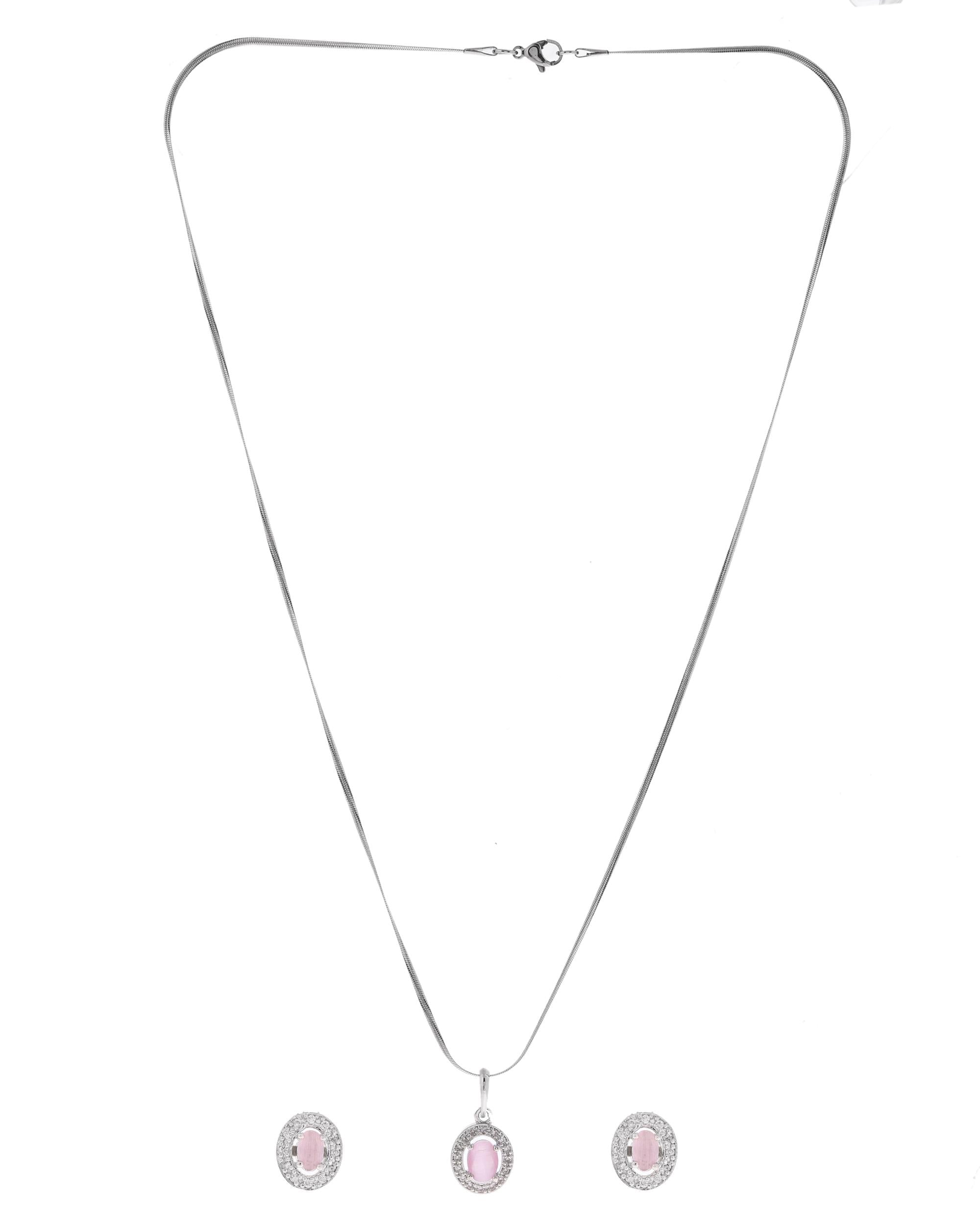VOJ Silver Plated Pink Ad-Studded Pendant With Chain And Earrings Set - Distacart
