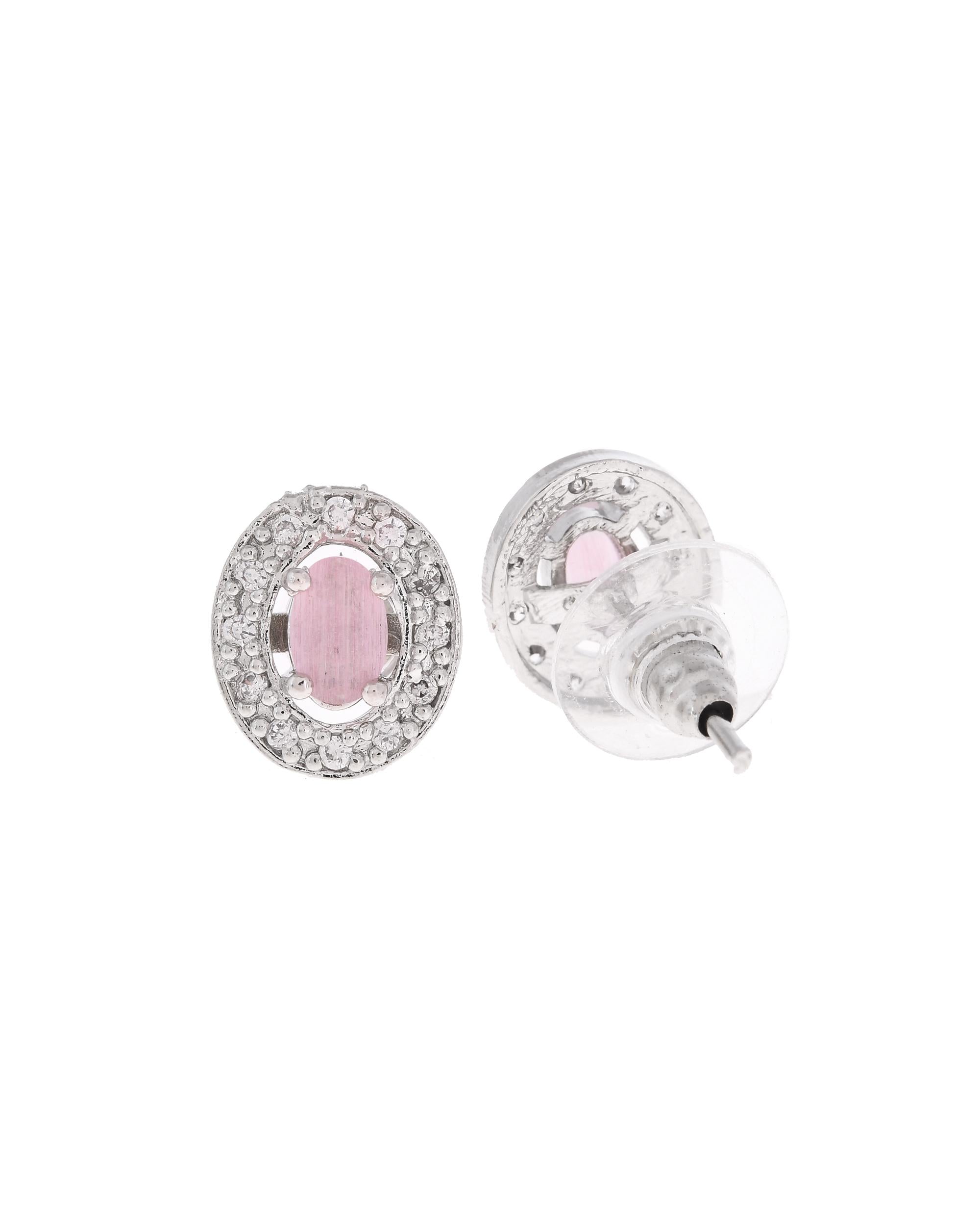 VOJ Silver Plated Pink Ad-Studded Pendant With Chain And Earrings Set - Distacart