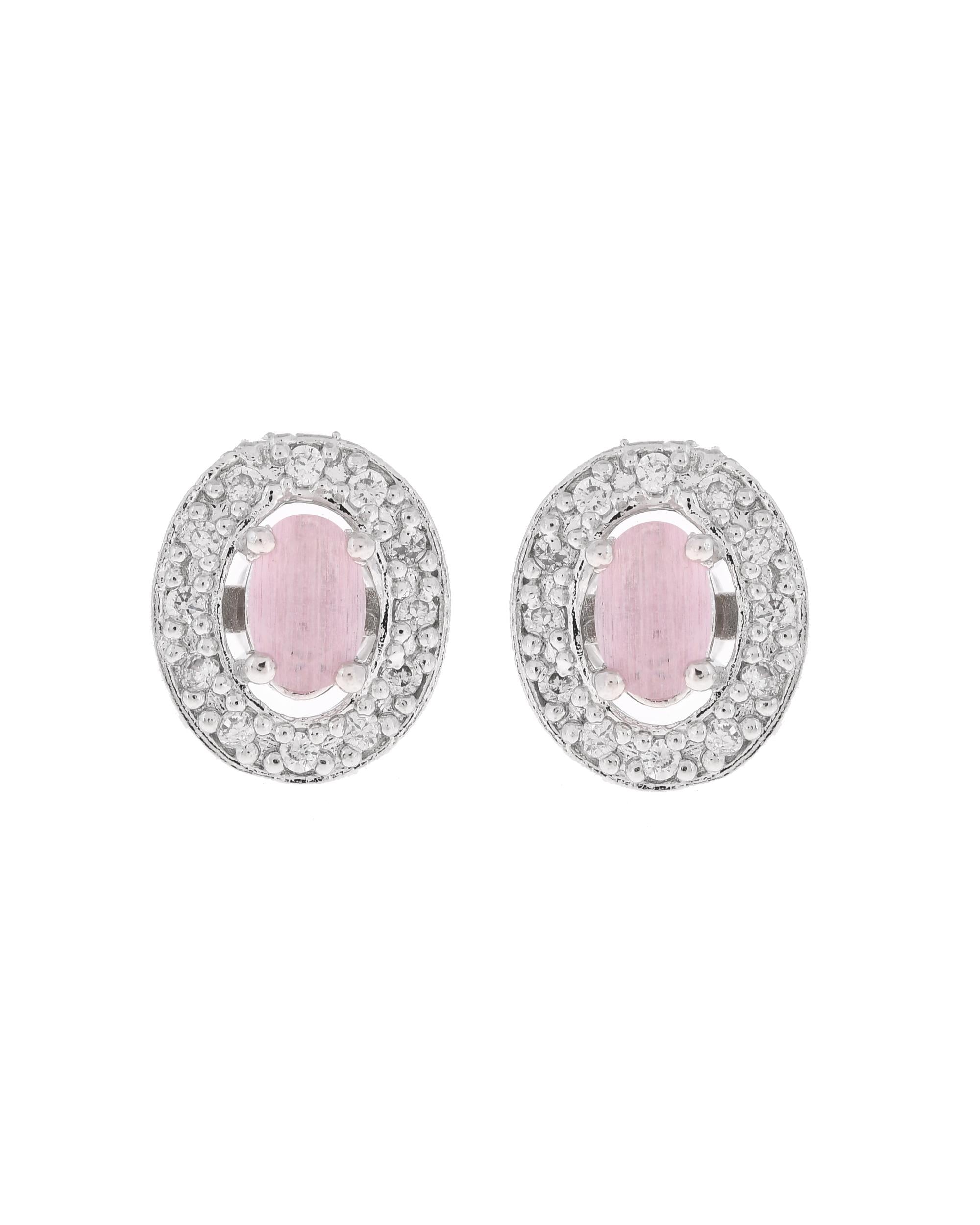 VOJ Silver Plated Pink Ad-Studded Pendant With Chain And Earrings Set - Distacart