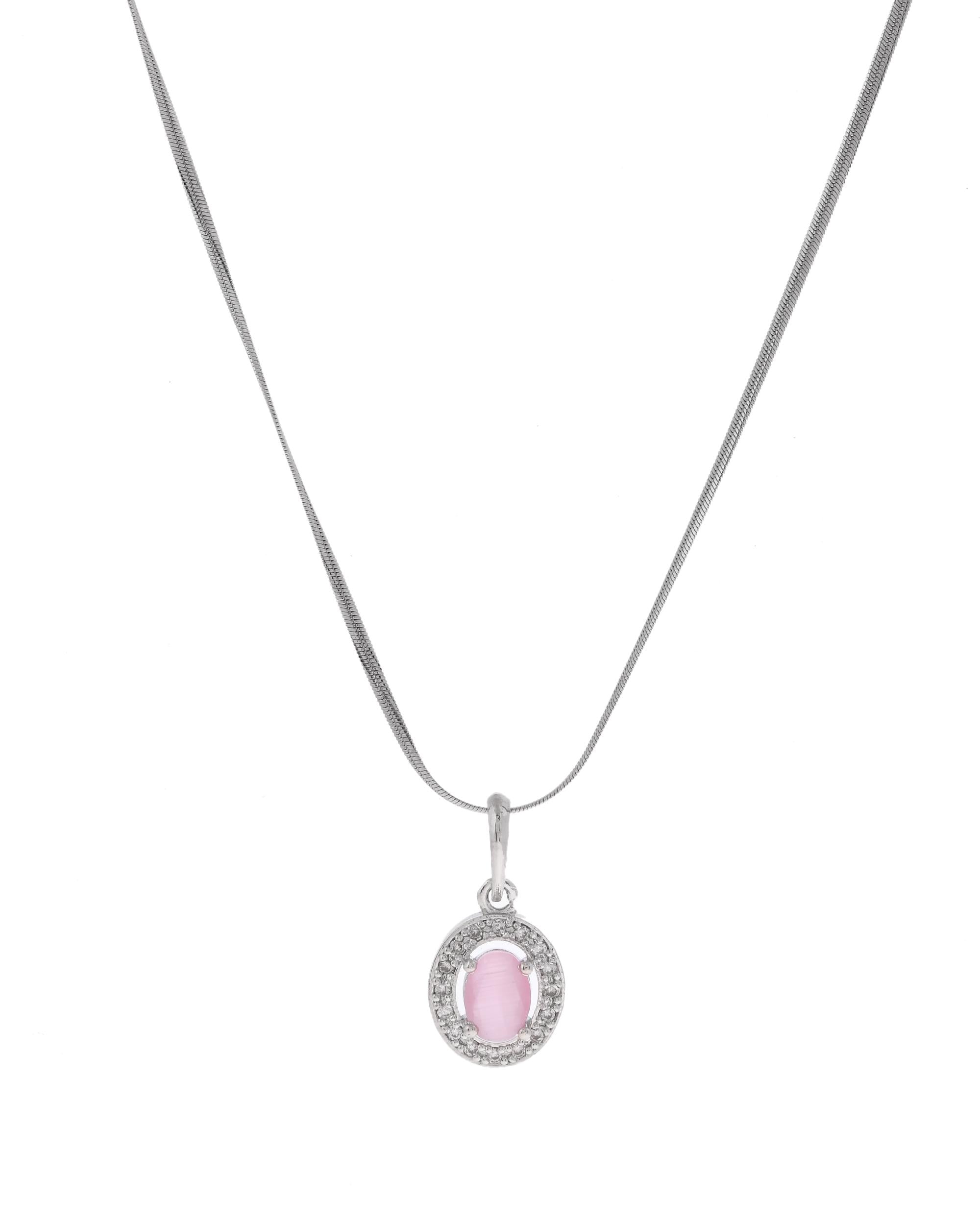 VOJ Silver Plated Pink Ad-Studded Pendant With Chain And Earrings Set - Distacart