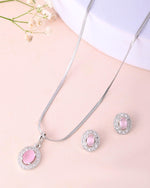 Thumbnail for VOJ Silver Plated Pink Ad-Studded Pendant With Chain And Earrings Set - Distacart