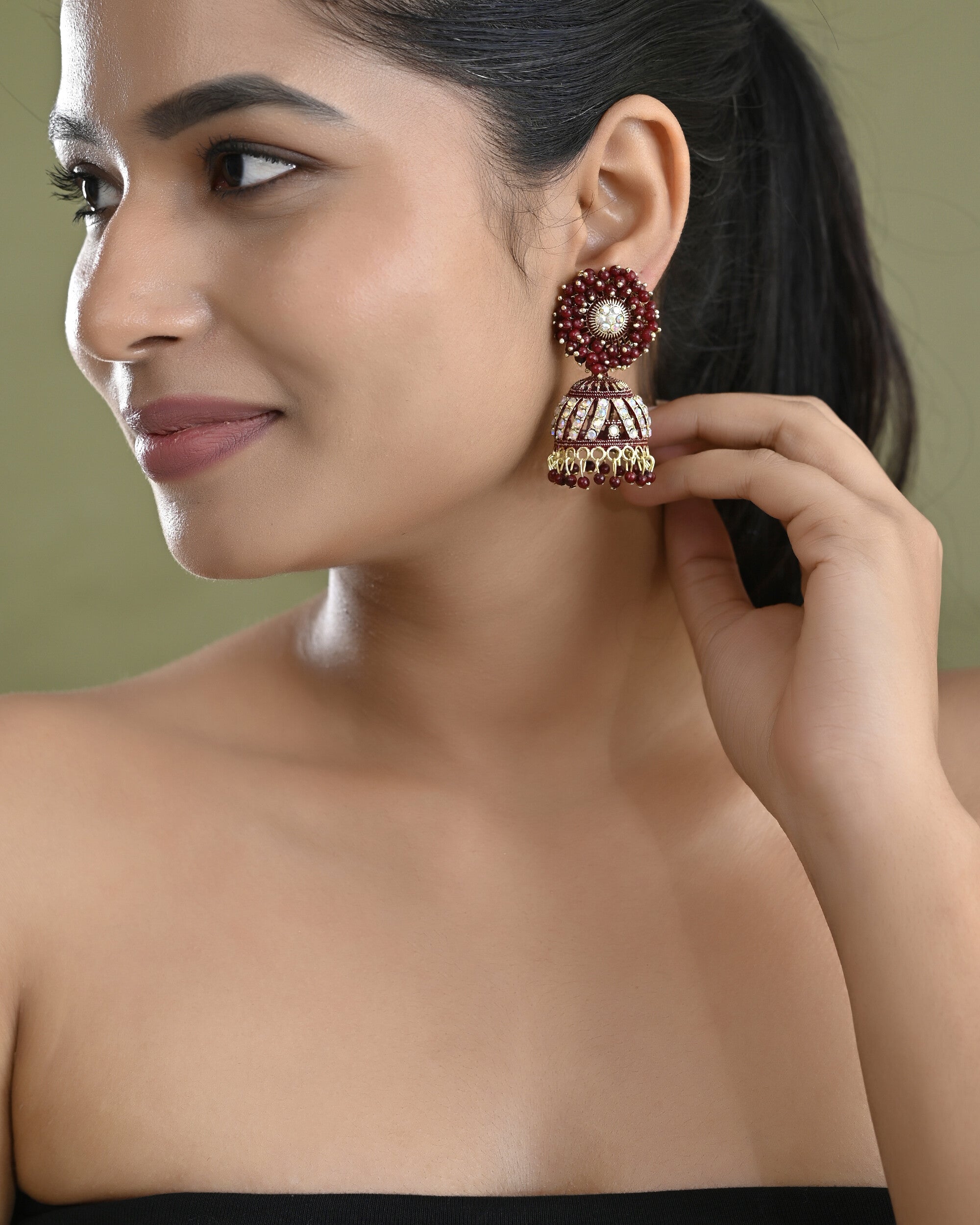 VOJ Marron Beads And Stone Studded Jhumka Earrings - Distacart