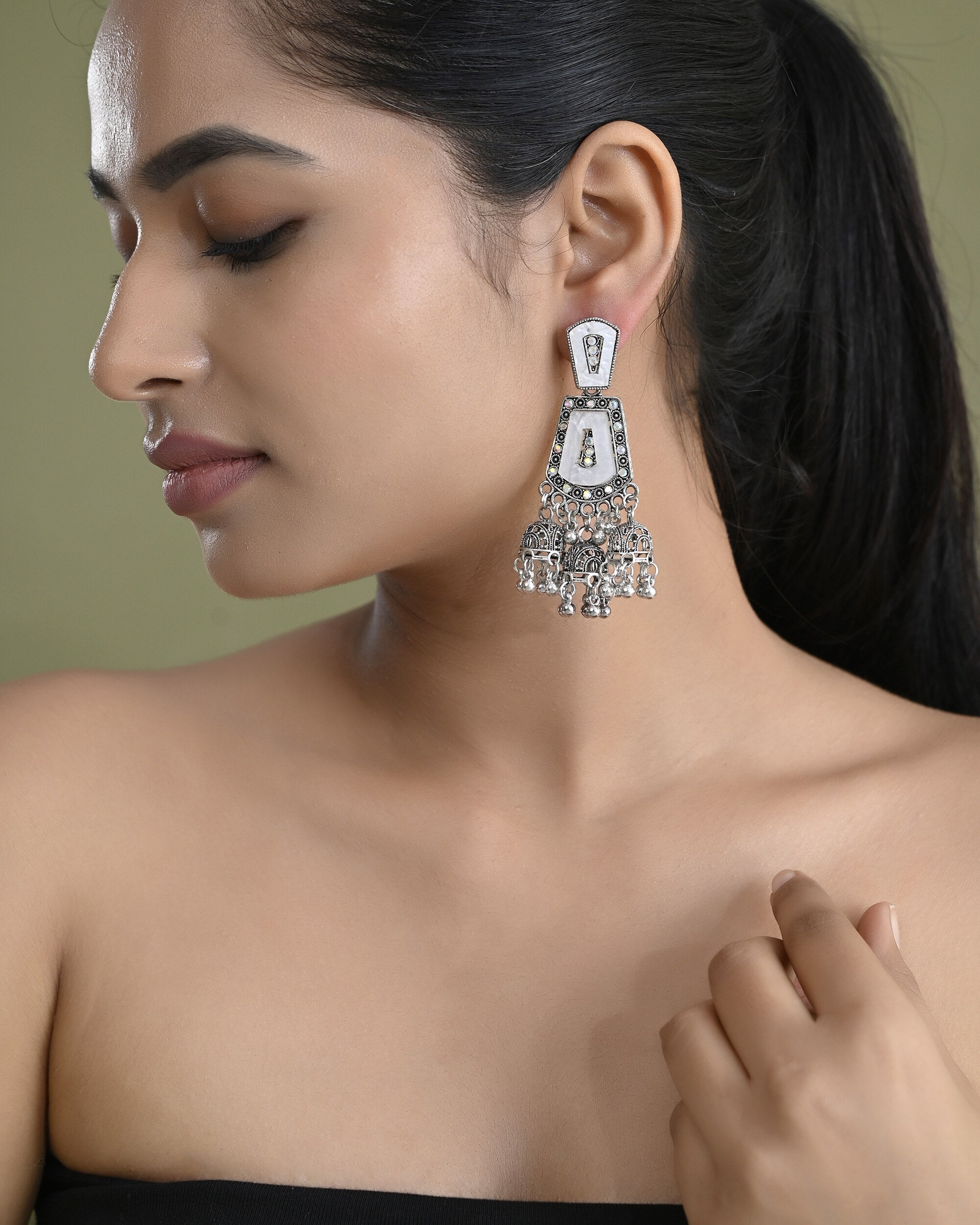 VOJ Silver Plated Moon Stone Studded Elegent Earrings - Distacart