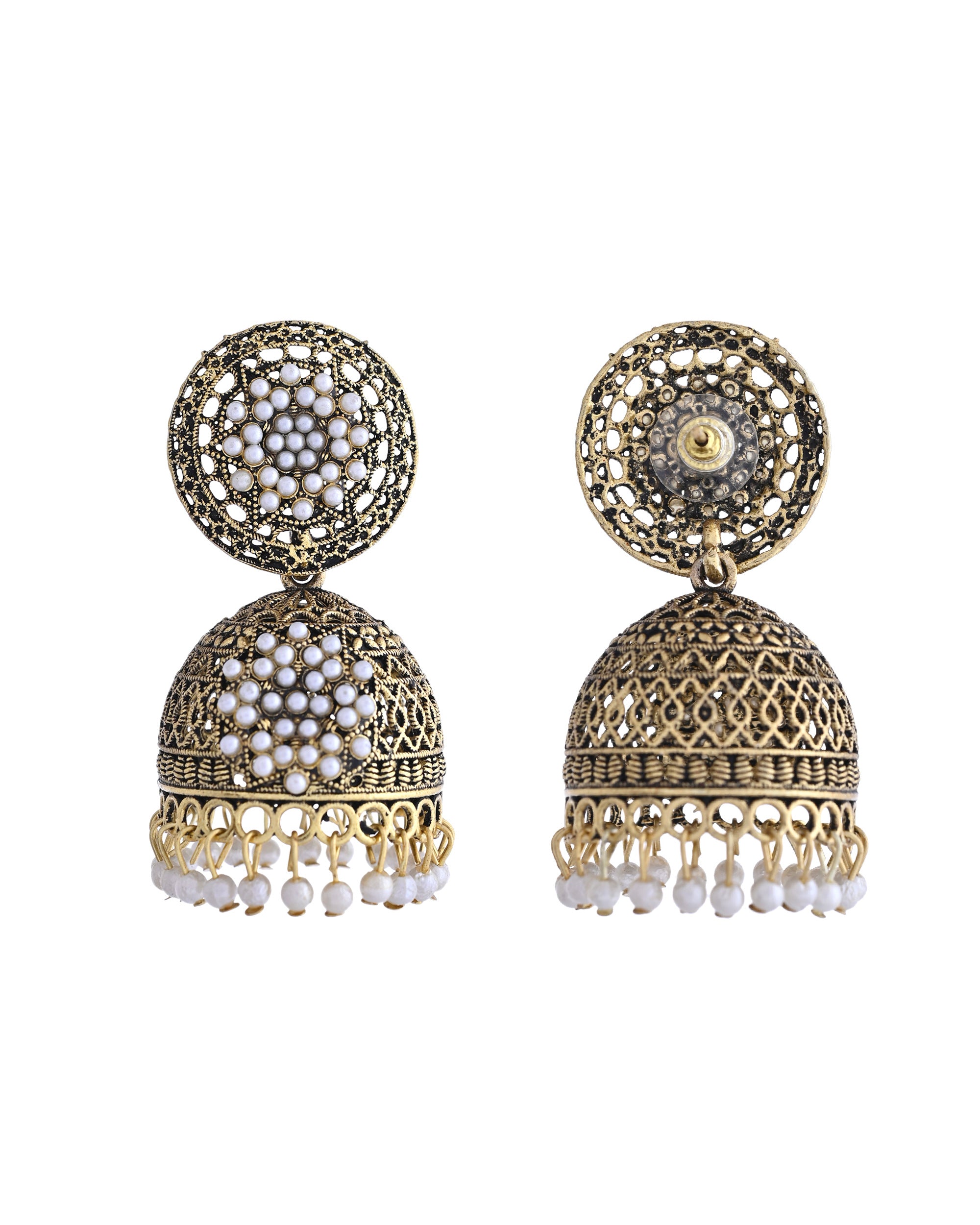 VOJ Gold Toned Stone Studded Done Shaped With Pearl Jhumka Earrings - Distacart