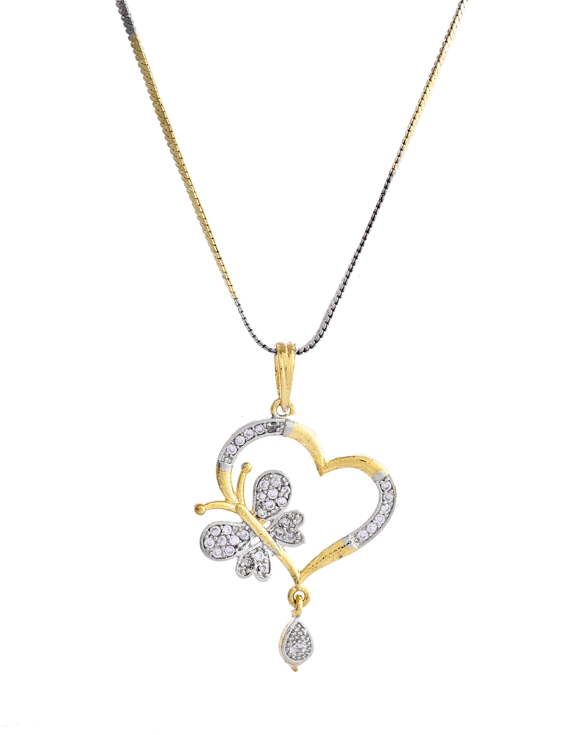 VOJ Dual Tone AD Stone Studded Butterfly Shaped Chain Set With Pandent - Distacart