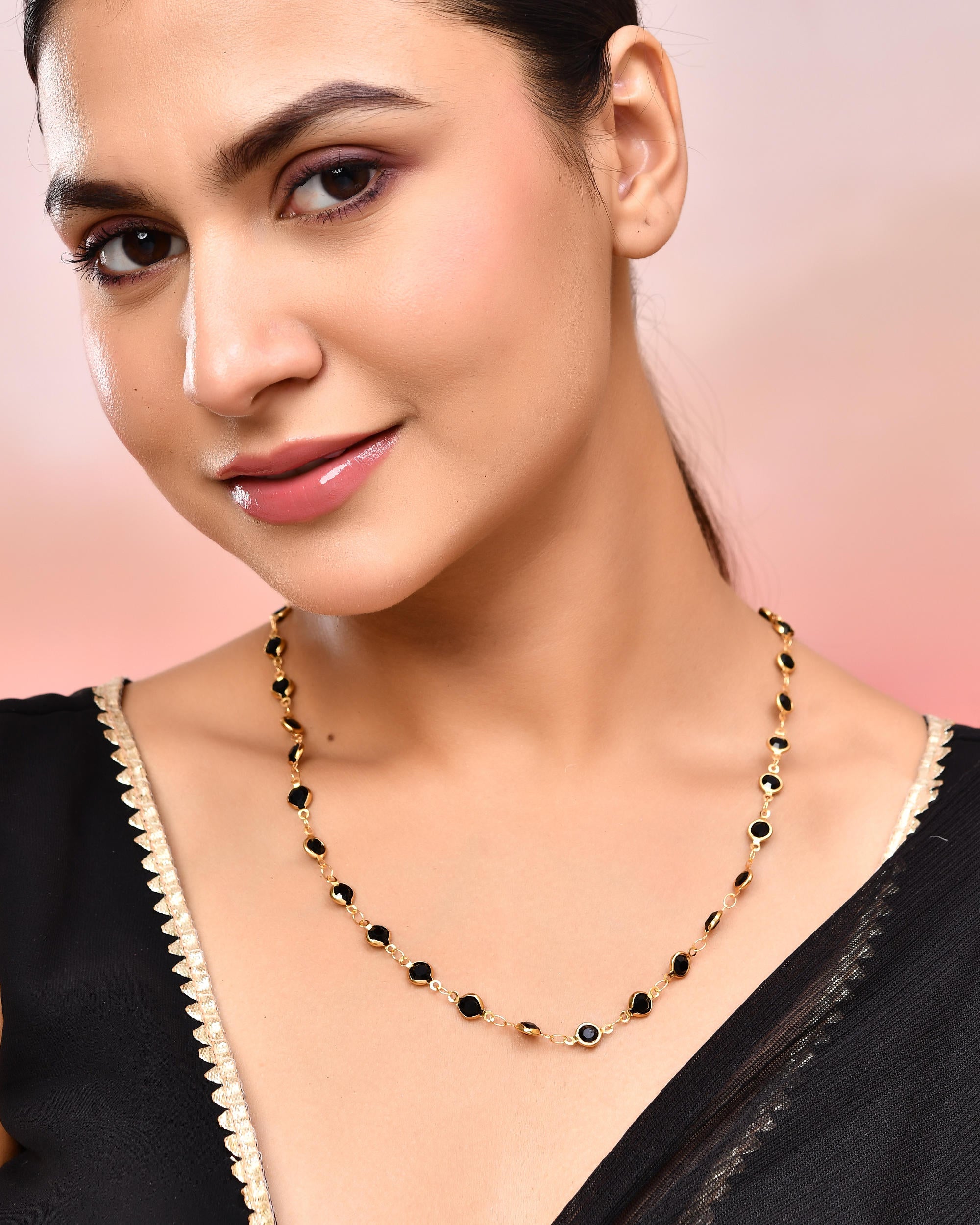 VOJ Gold-Polished Black Stone Studded Women Chain - Distacart