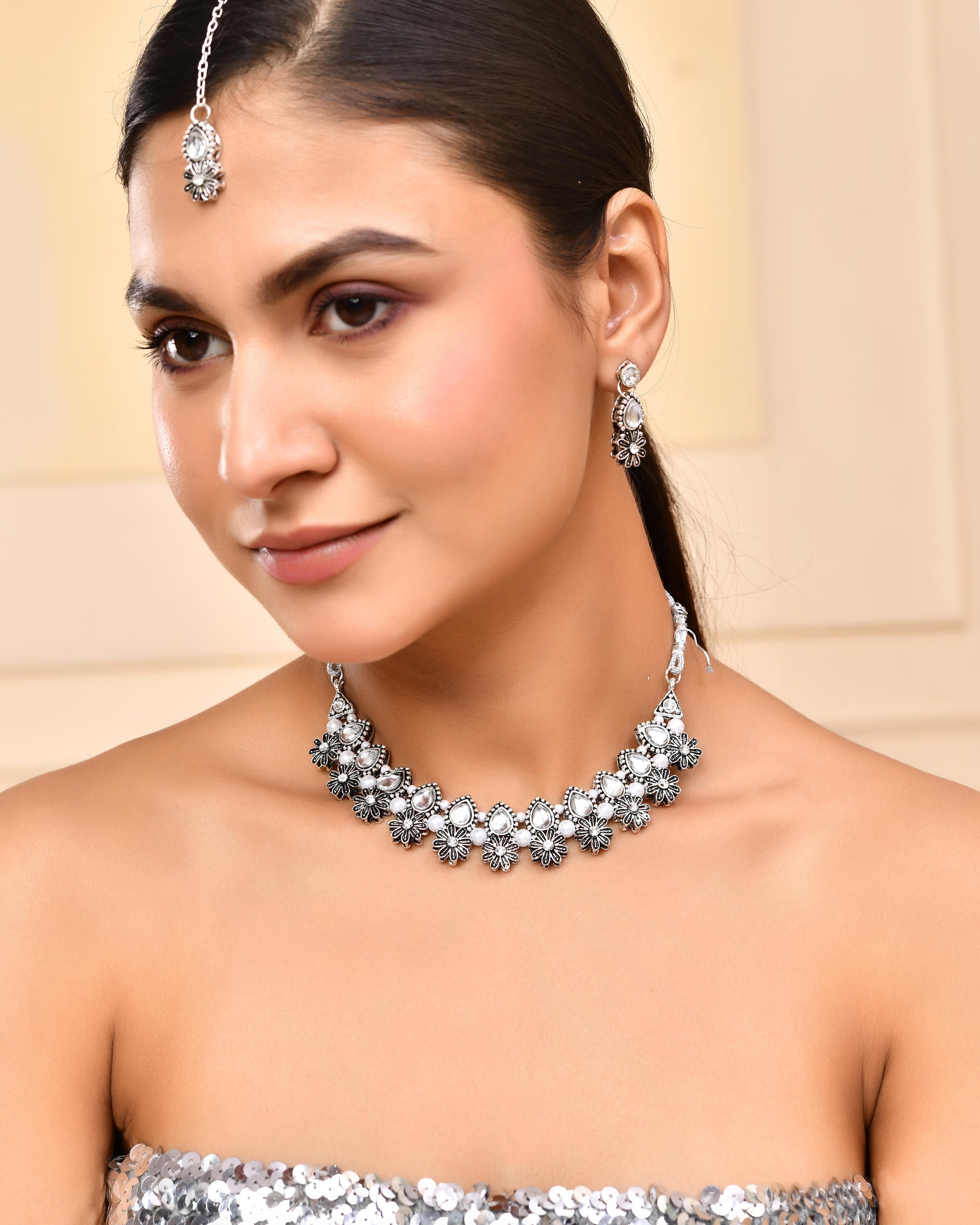 VOJ Oxidized Floral Designed Stone Studded Necklace Set - Distacart