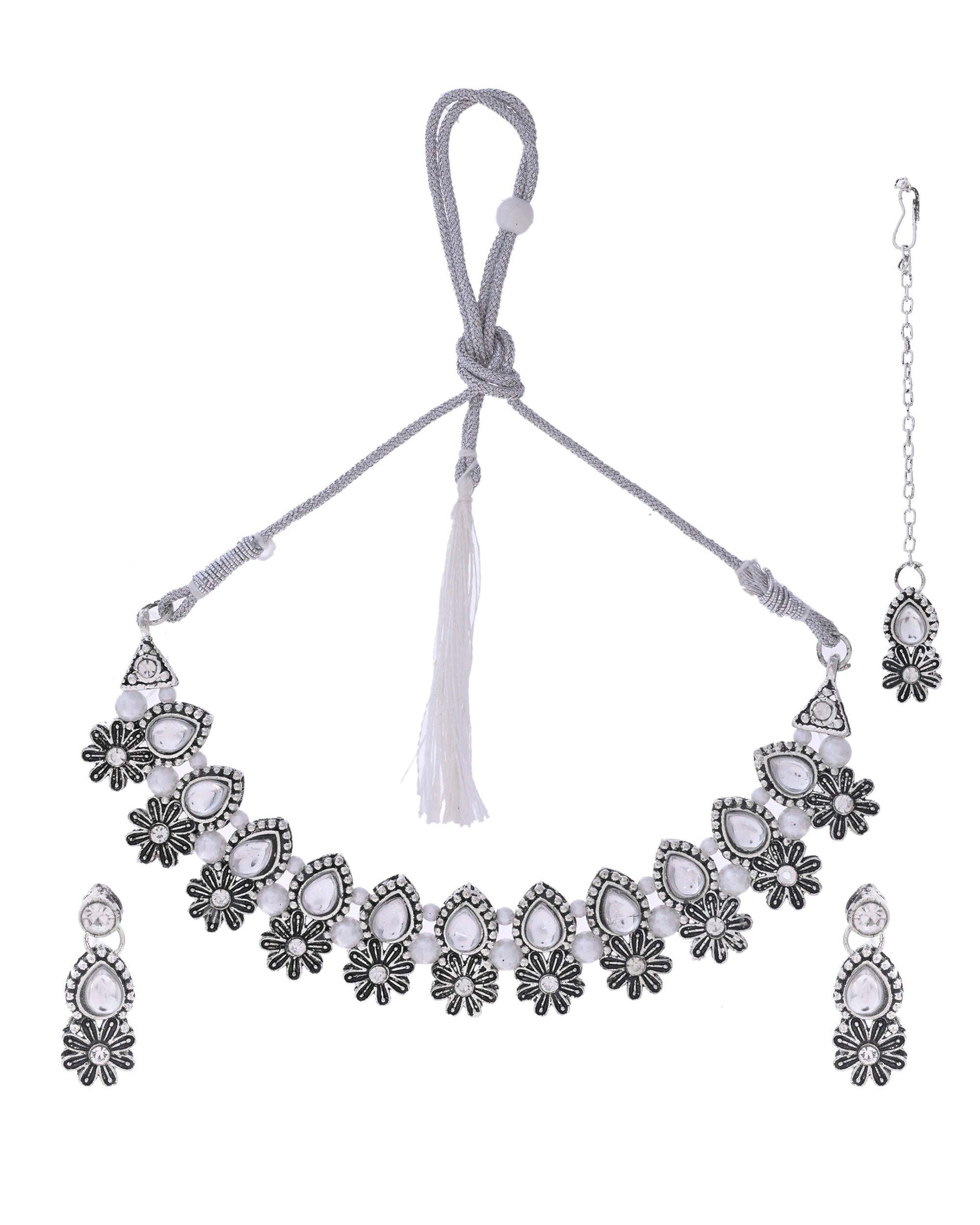 VOJ Oxidized Floral Designed Stone Studded Necklace Set - Distacart