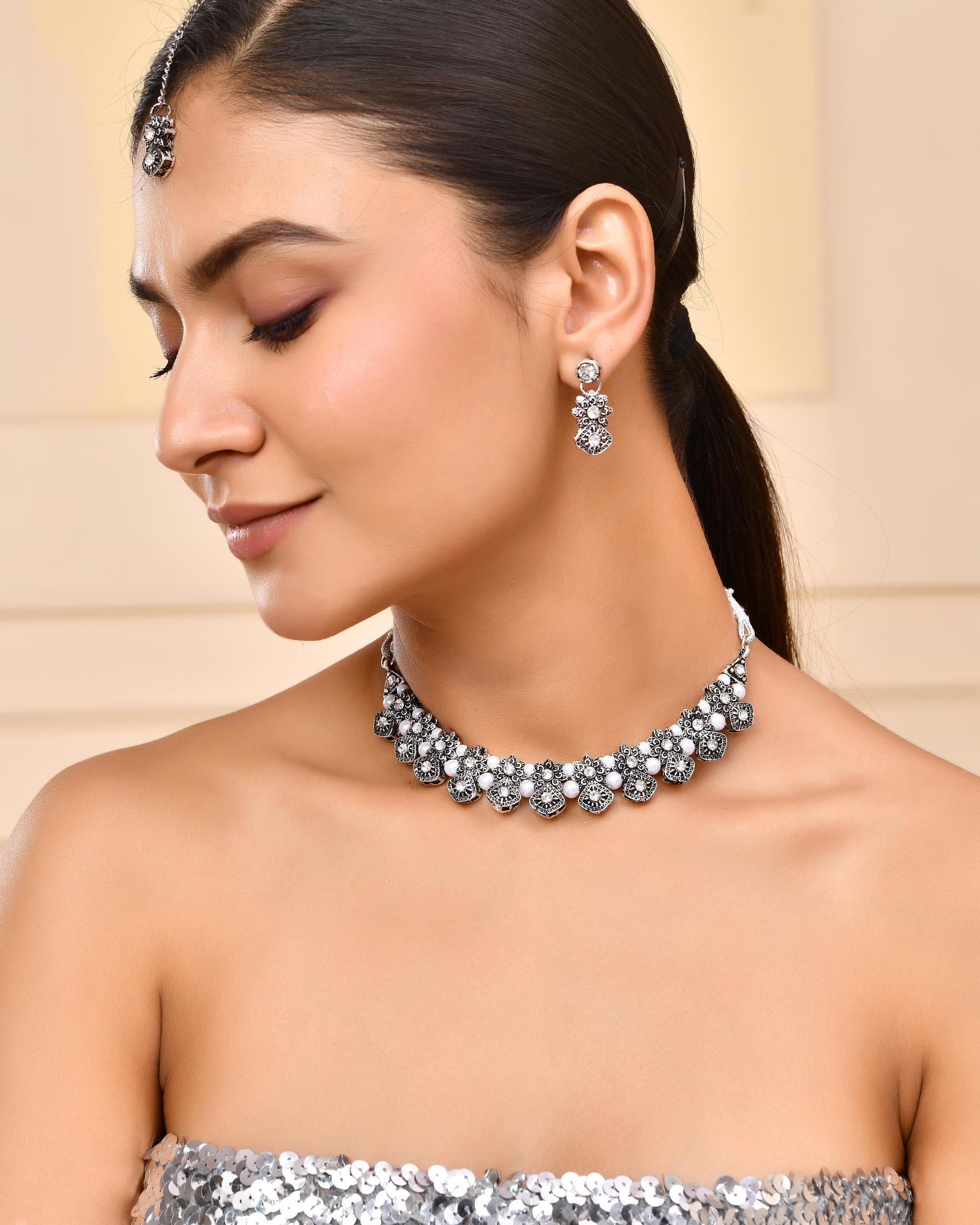 VOJ Oxidized Designer Stone Studded Jewellery Set - Distacart