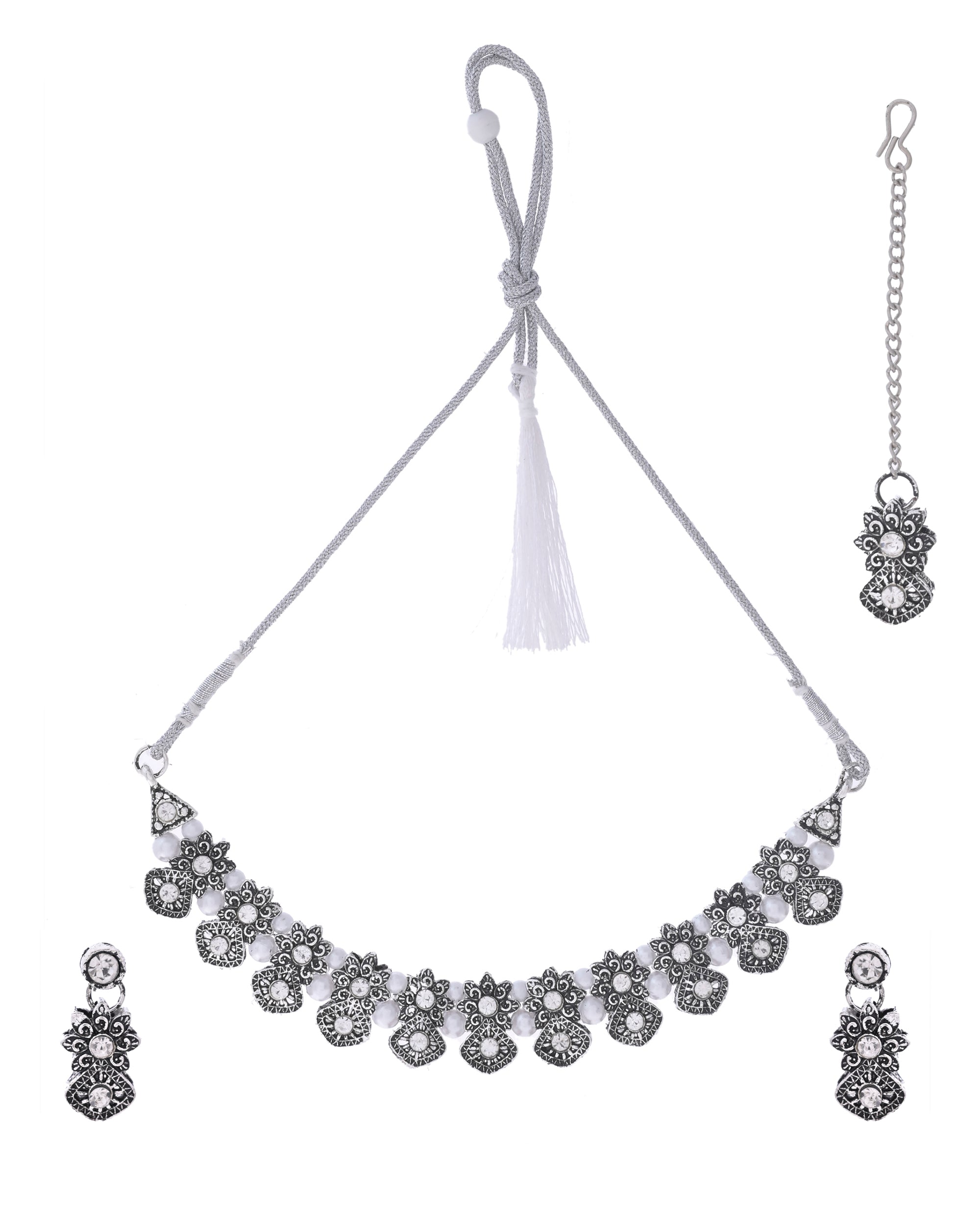 VOJ Oxidized Designer Stone Studded Jewellery Set - Distacart