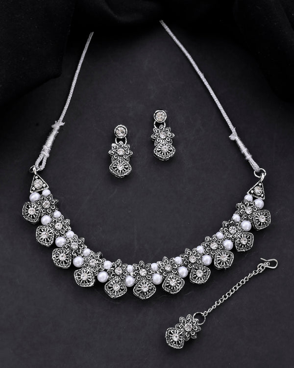 VOJ Oxidized Designer Stone Studded Jewellery Set - Distacart