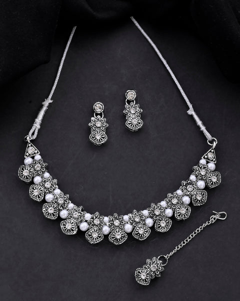 VOJ Oxidized Designer Stone Studded Jewellery Set - Distacart