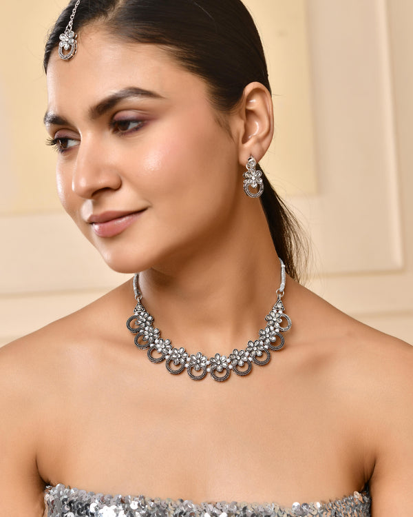 VOJ Oxidized Floral Stone Studded Necklace With Earrings Set - Distacart