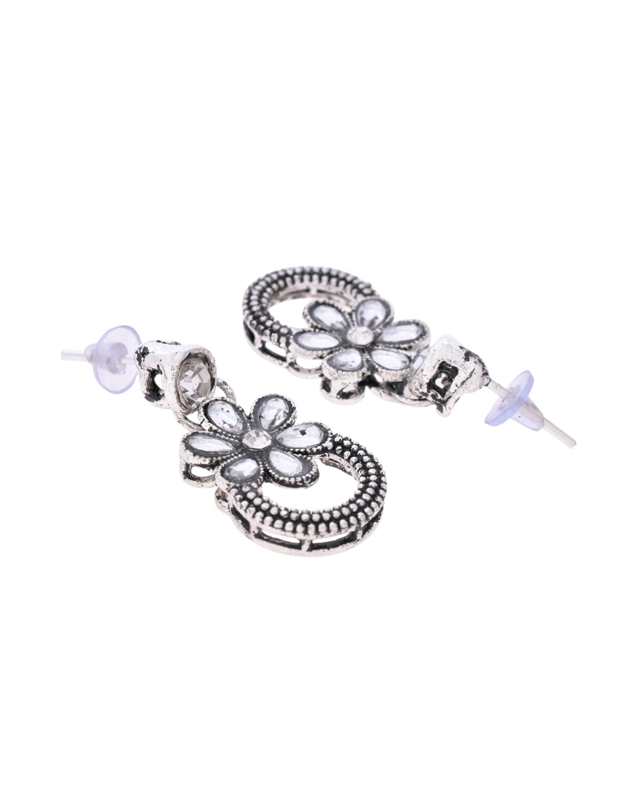 VOJ Oxidized Floral Stone Studded Necklace With Earrings Set - Distacart