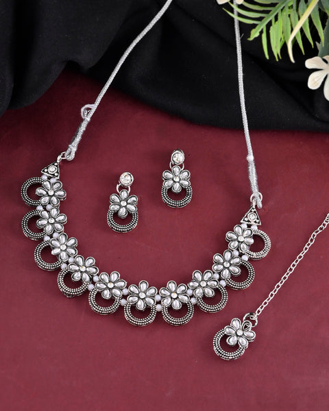 VOJ Oxidized Floral Stone Studded Necklace With Earrings Set - Distacart