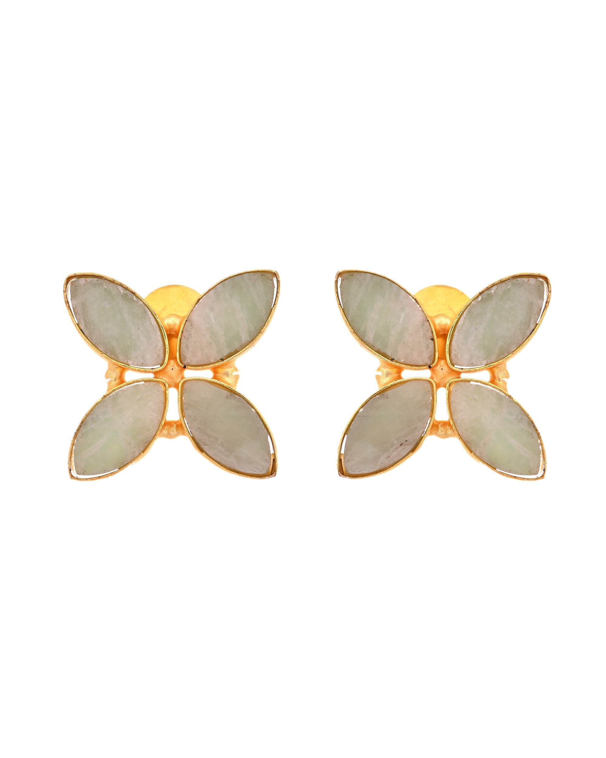 VOJ Gold Polished Teal Stone Studded Floral Stud Earrings