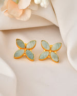 Thumbnail for VOJ Gold Polished Teal Stone Studded Floral Stud Earrings