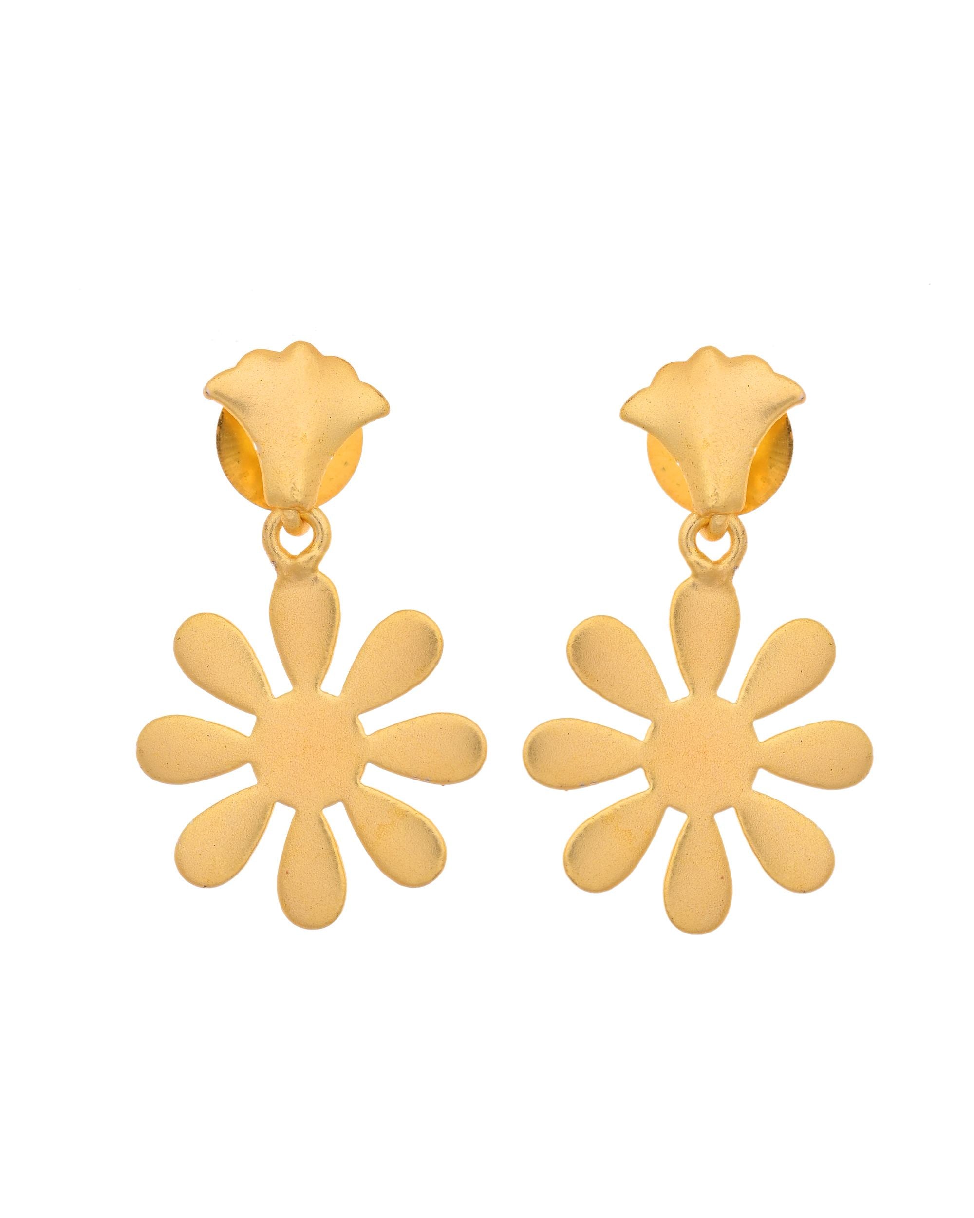 VOJ Gold Polished Anti Tarnish Flower Shaped Drop Earrings