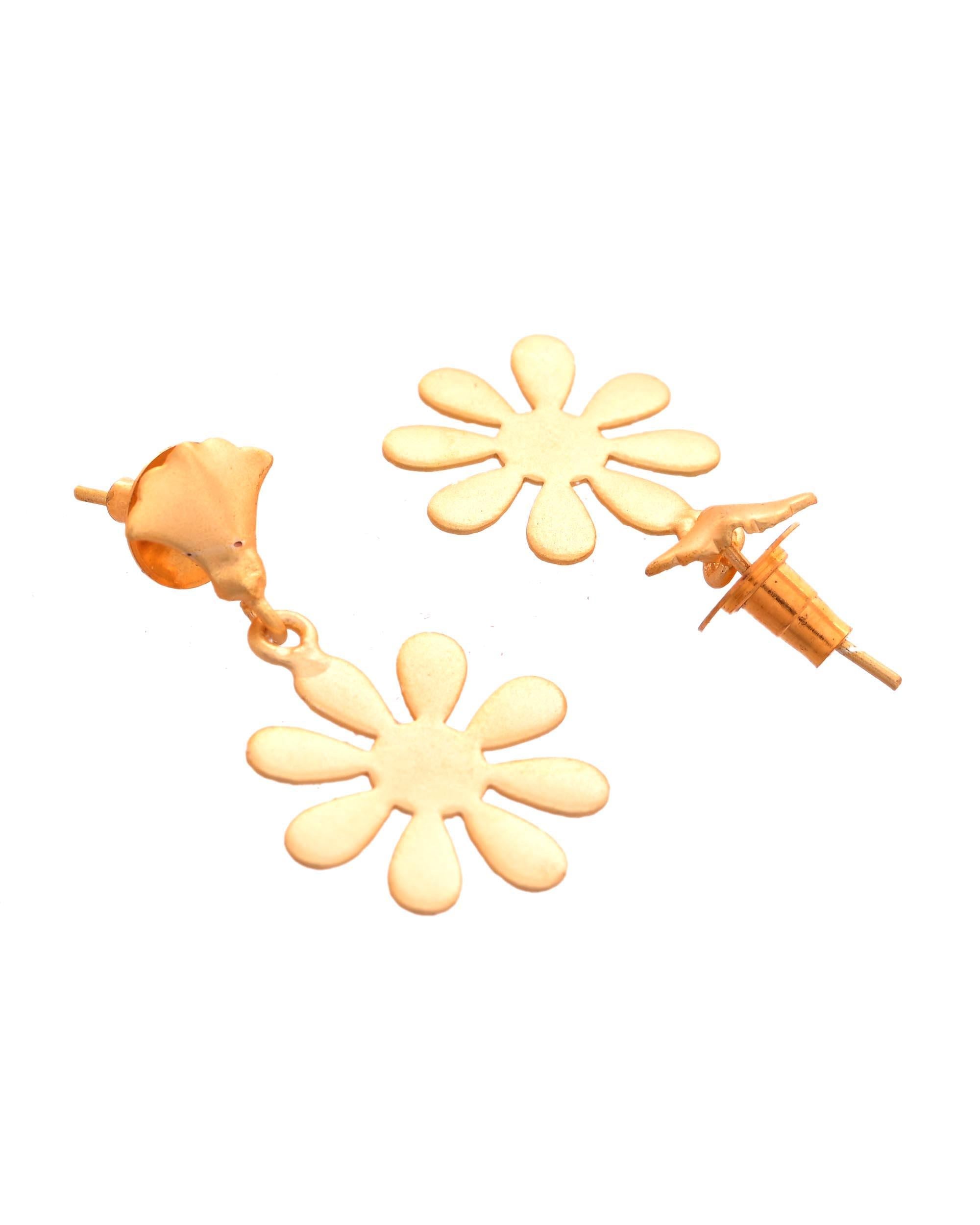 VOJ Gold Polished Anti Tarnish Flower Shaped Drop Earrings