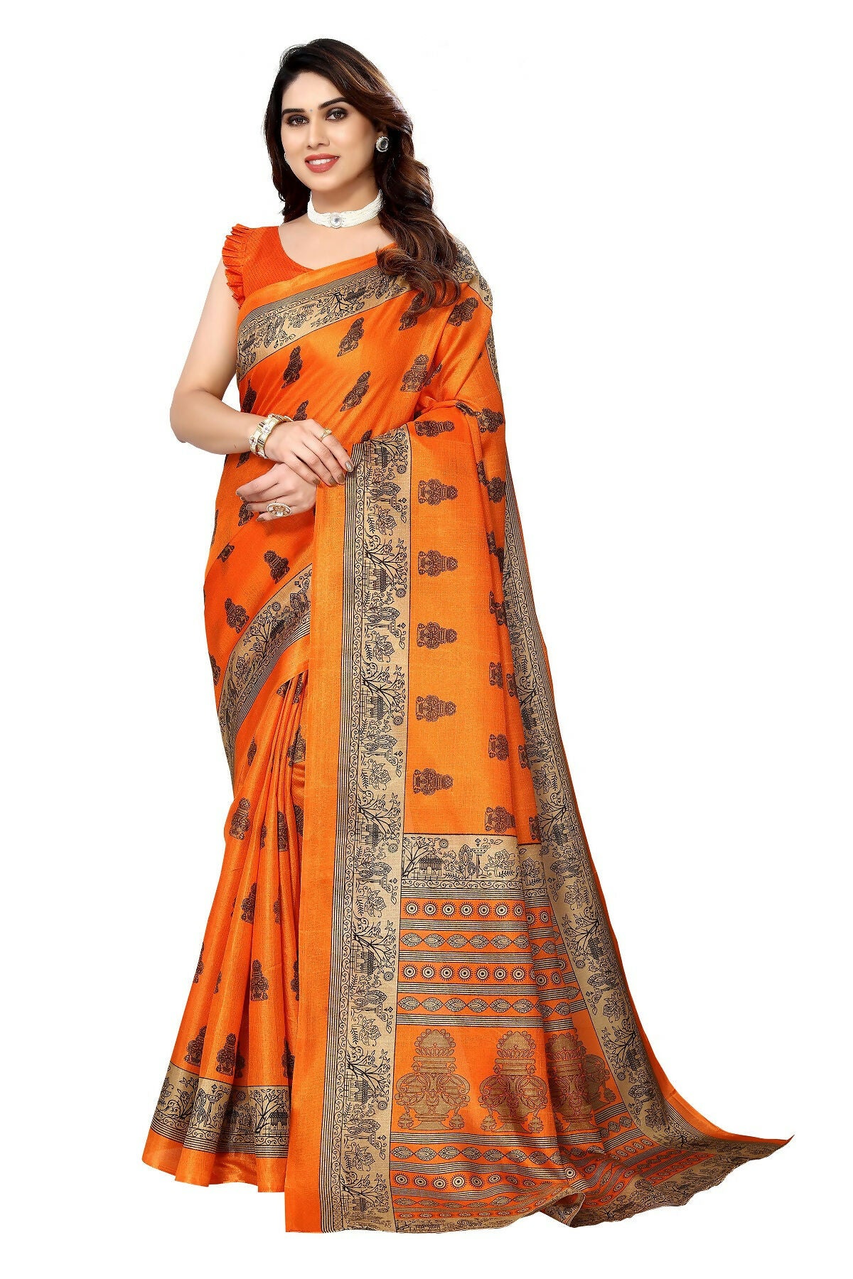 Vamika Orange Printed Art Silk Saree - Distacart