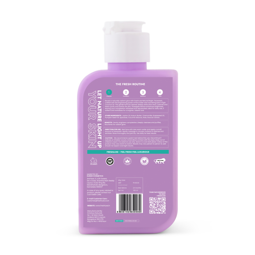 FreshLuxe Natural Bright Face Wash For Cleansing & Brightening Glass Skin with Rice Water & Extra Virgin Coconut Oil
