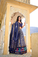 Thumbnail for Vastranavya Designer Ikkat Print With Foil Work Lehenga Choli - Navy Blue - Distacart