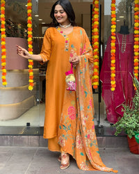 Thumbnail for Lyush Women Party Wear Embroidery Worked Kurta With Pant And Duppata Set - Orange