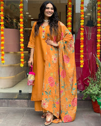 Thumbnail for Lyush Women Party Wear Embroidery Worked Kurta With Pant And Duppata Set - Orange