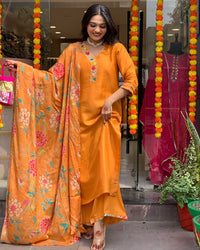 Thumbnail for Lyush Women Party Wear Embroidery Worked Kurta With Pant And Duppata Set - Orange