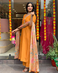 Thumbnail for Lyush Women Party Wear Embroidery Worked Kurta With Pant And Duppata Set - Orange